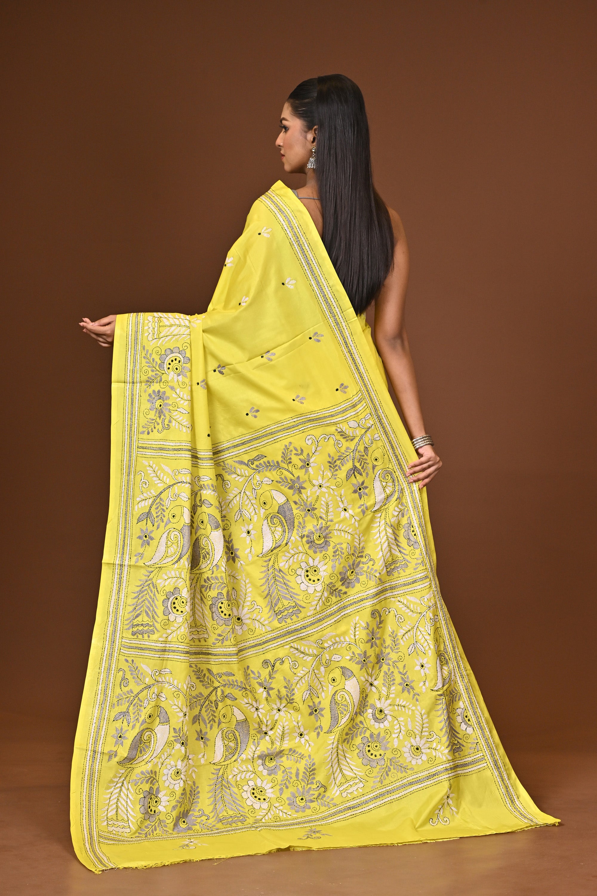 Blended Silk Kantha Stitch Saree Yellow Thumbnail