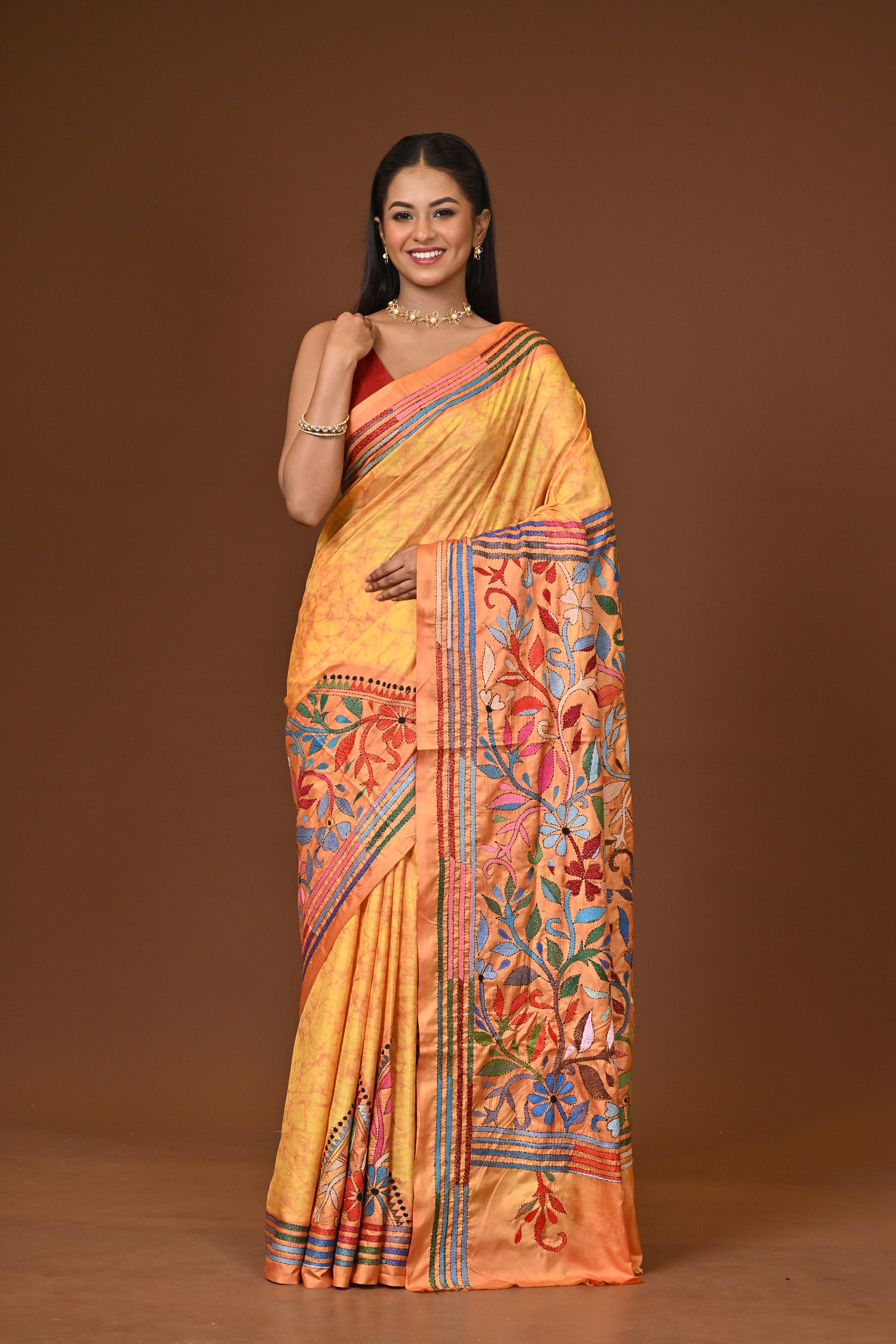 Blended Silk Kantha Stitch Saree Yellow Thumbnail