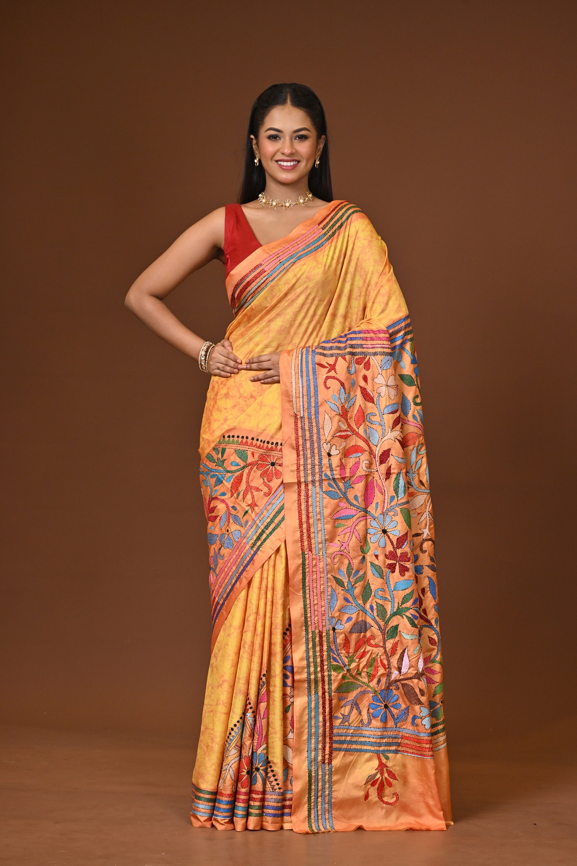 Blended Silk Kantha Stitch Saree Yellow Thumbnail