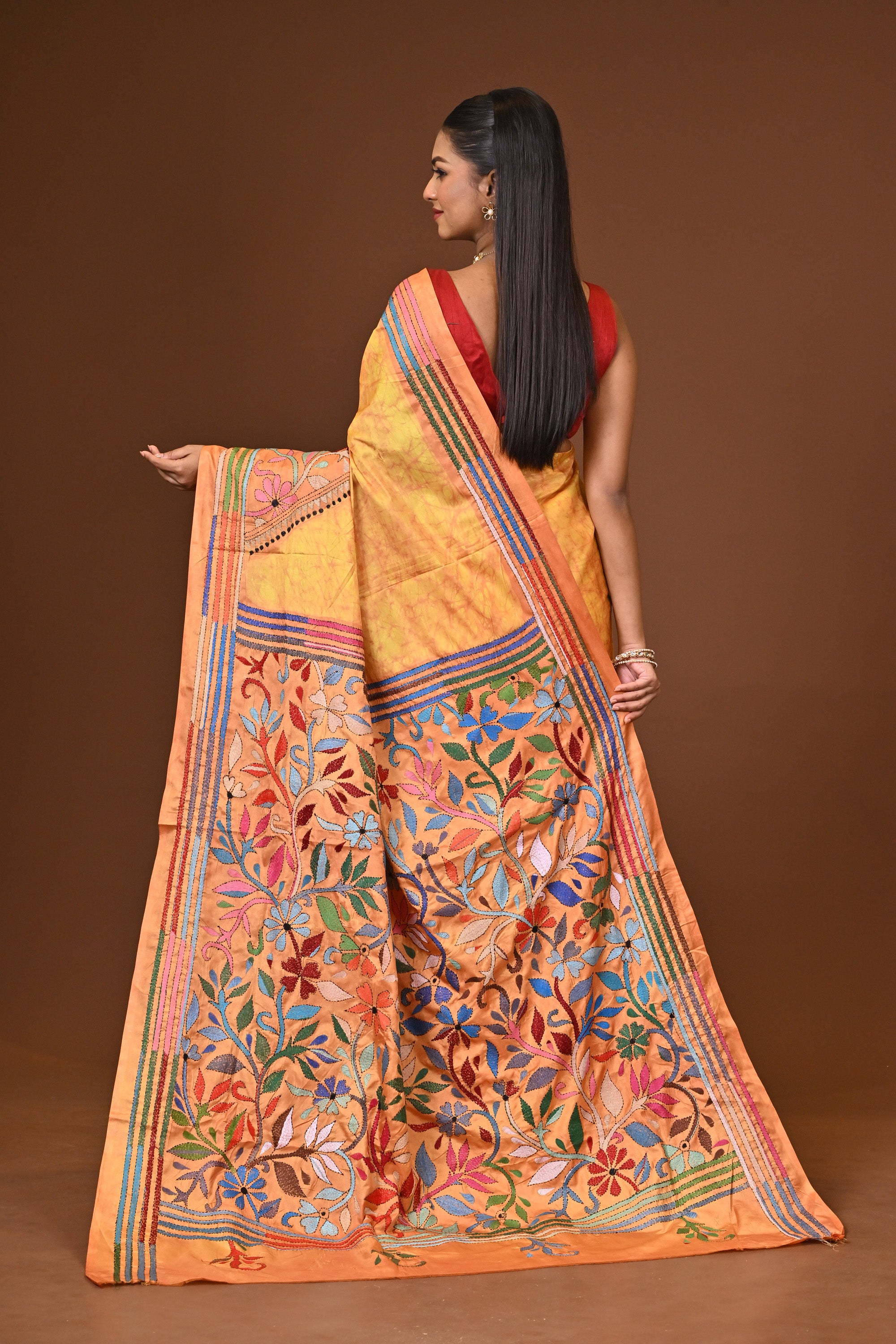 Blended Silk Kantha Stitch Saree Yellow Thumbnail