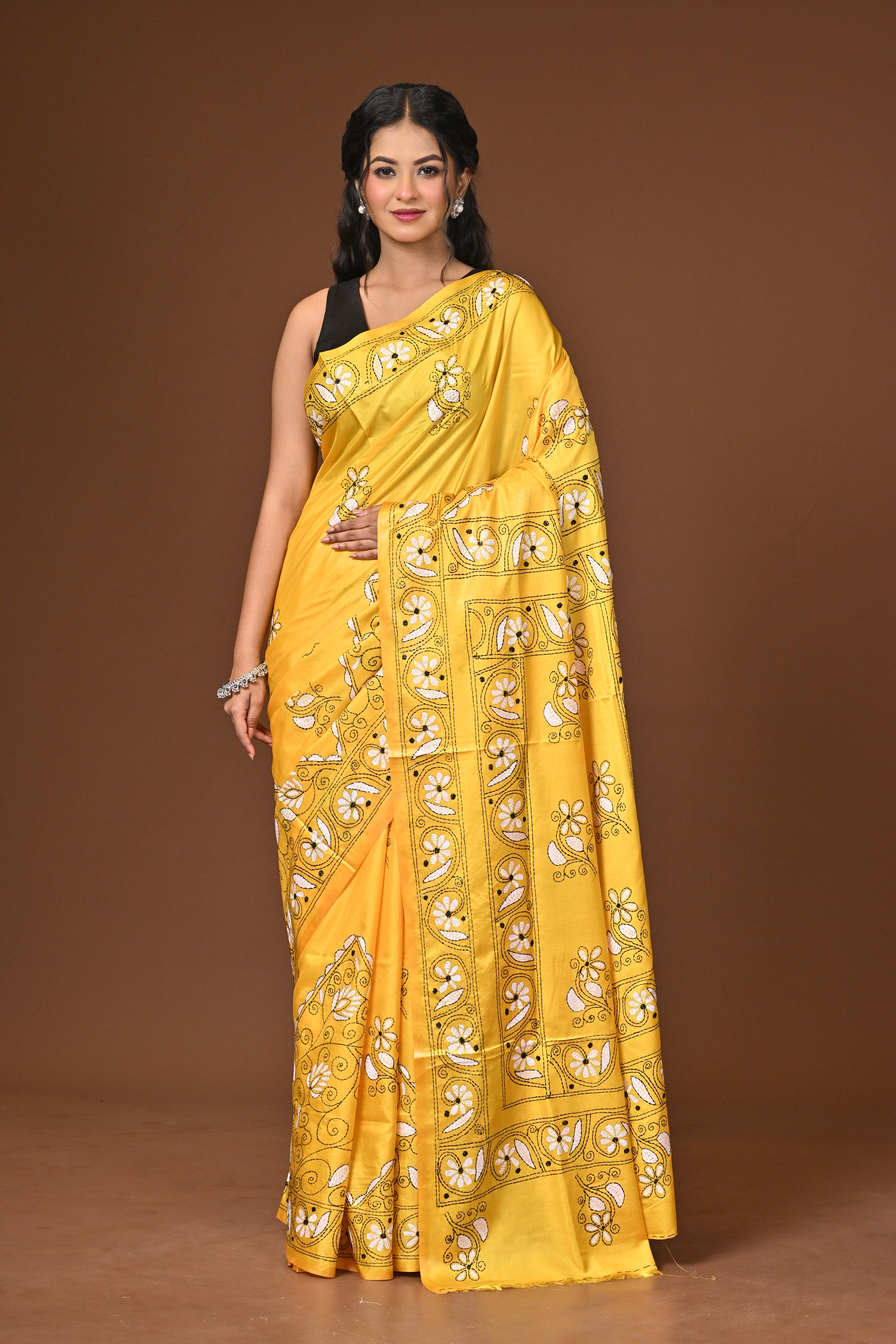 Blended Silk Kantha Stitch Saree Yellow Thumbnail