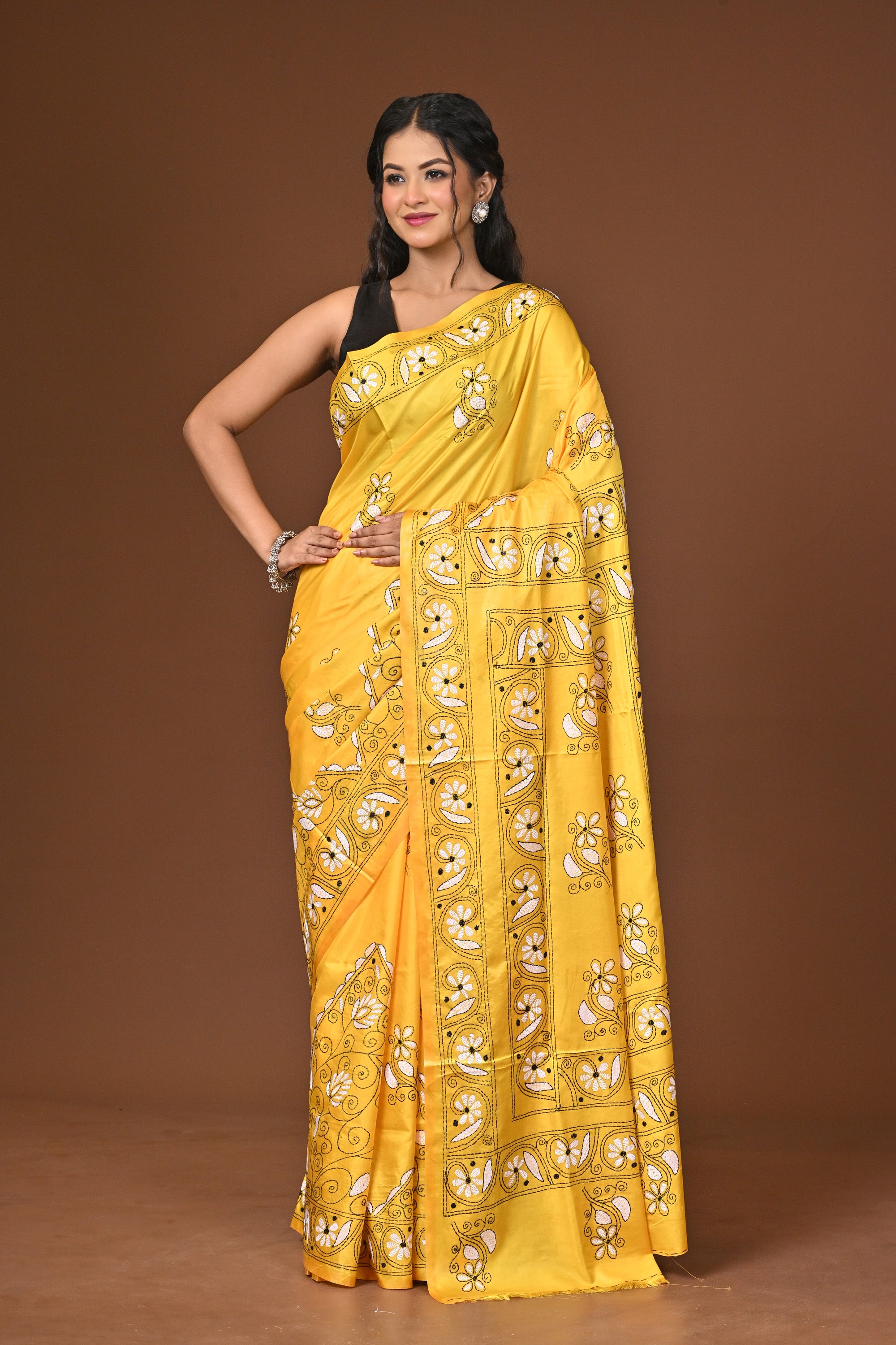 Blended Silk Kantha Stitch Saree Yellow Thumbnail