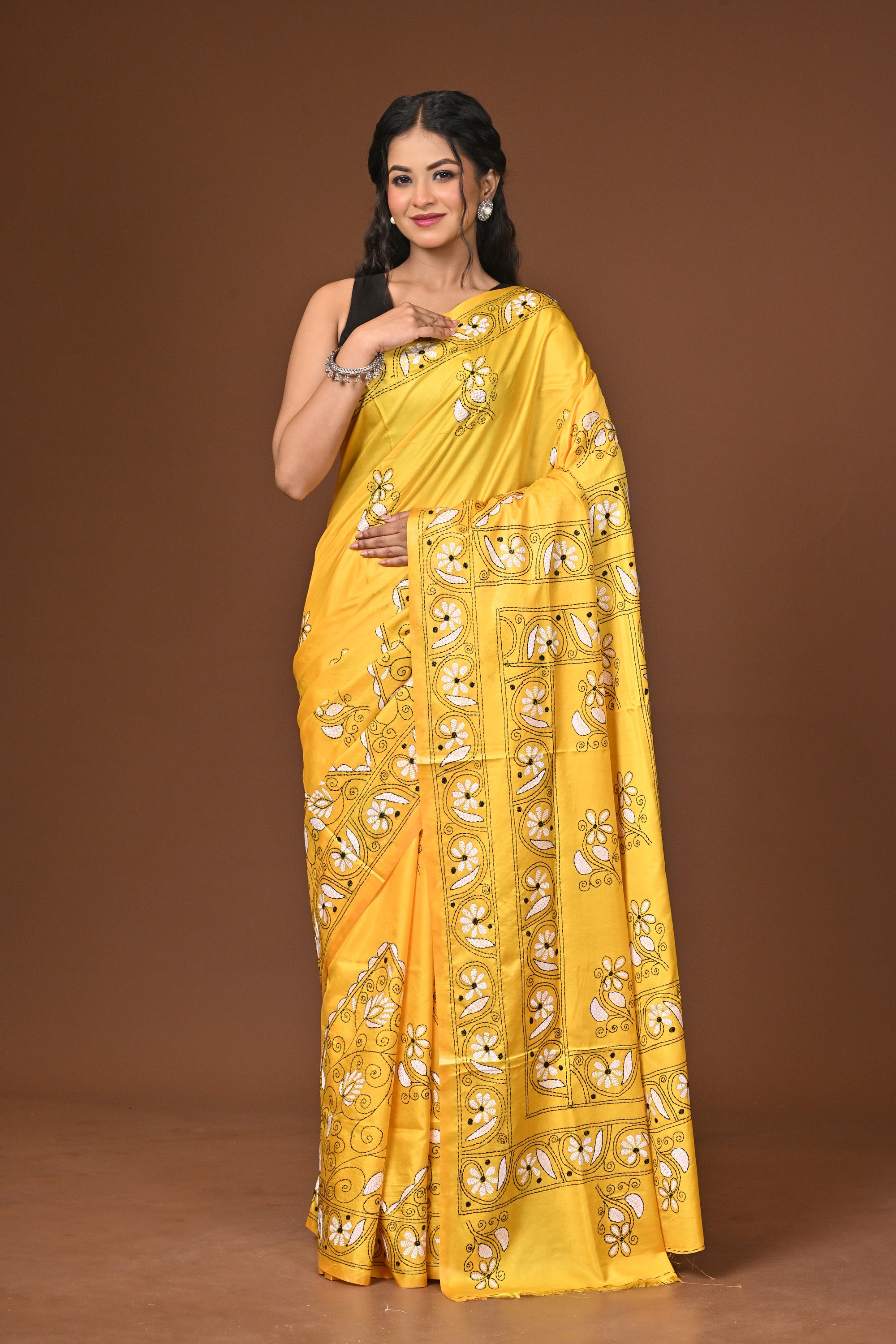 Blended Silk Kantha Stitch Saree Yellow Thumbnail