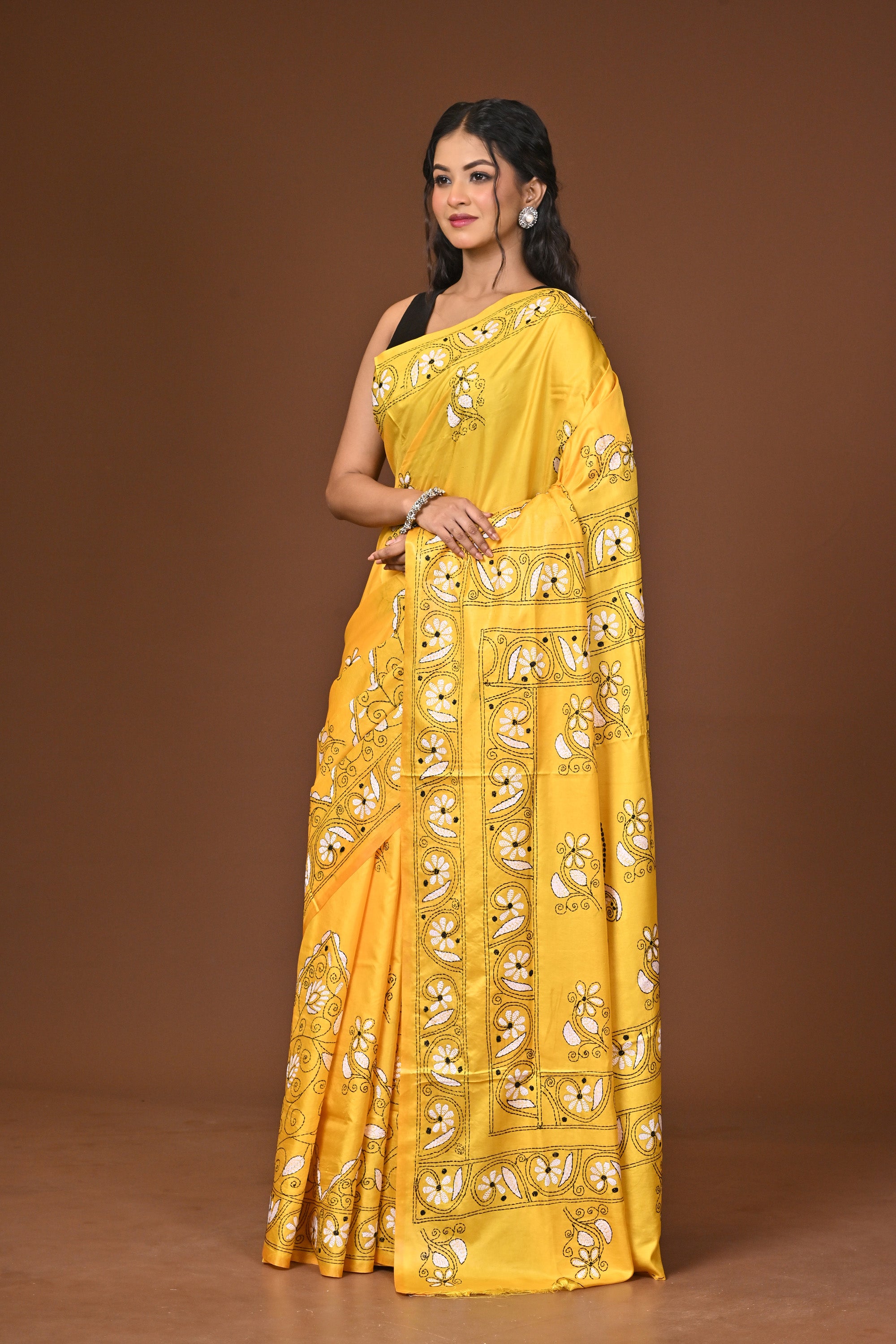 Blended Silk Kantha Stitch Saree Yellow Thumbnail