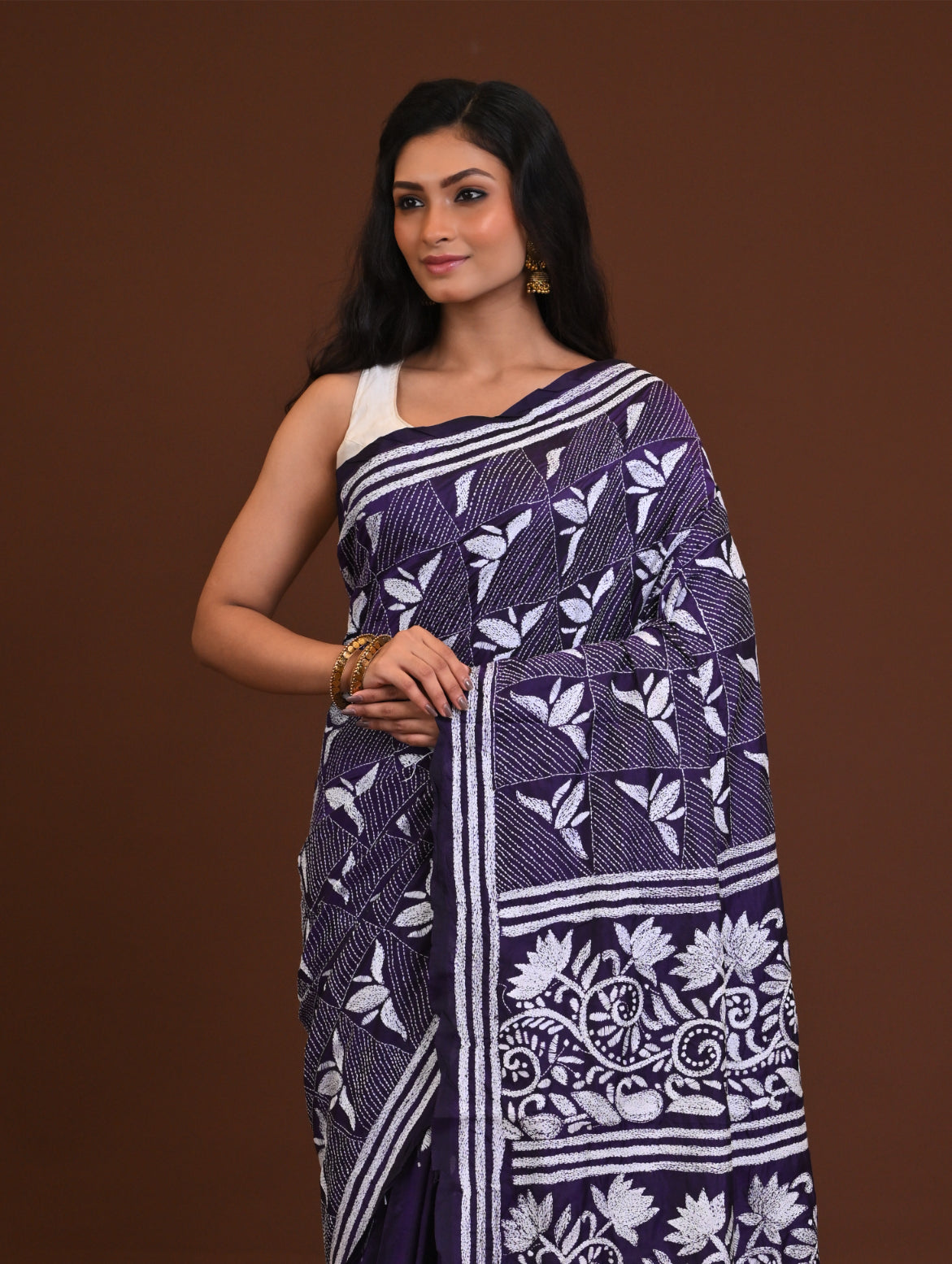 Blended Silk Kantha Stith Saree Blue Thumbnail