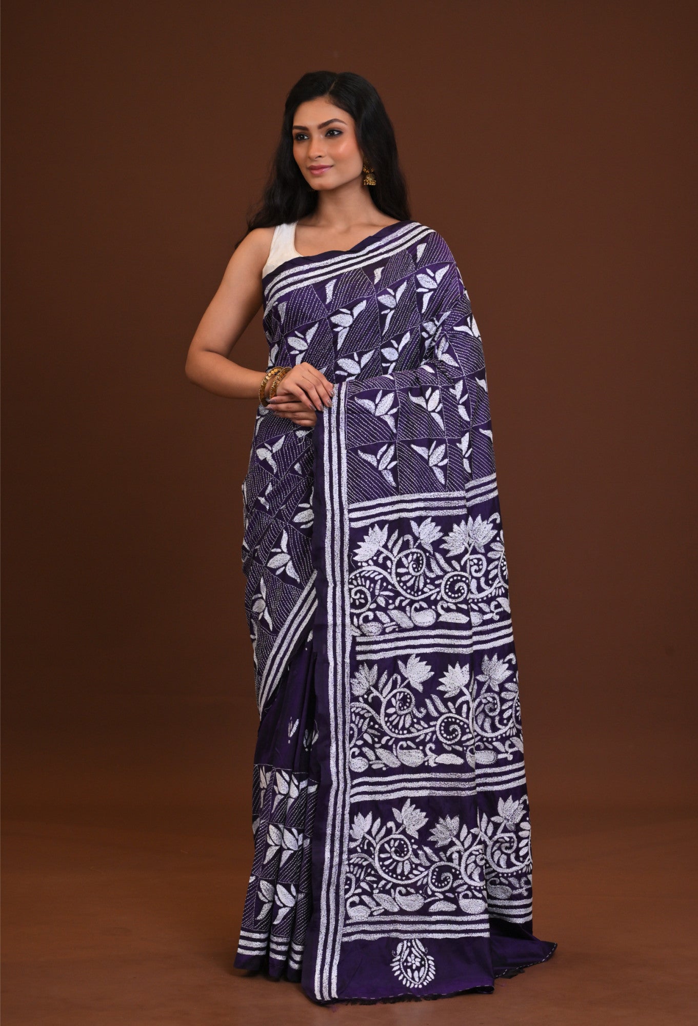 Blended Silk Kantha Stith Saree Blue Thumbnail