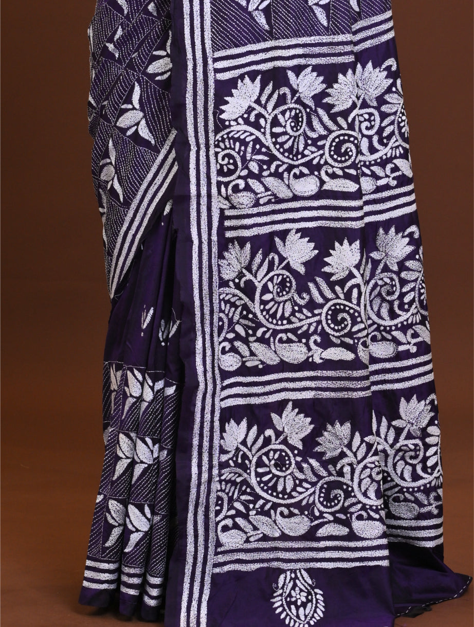 Blended Silk Kantha Stith Saree Blue Thumbnail