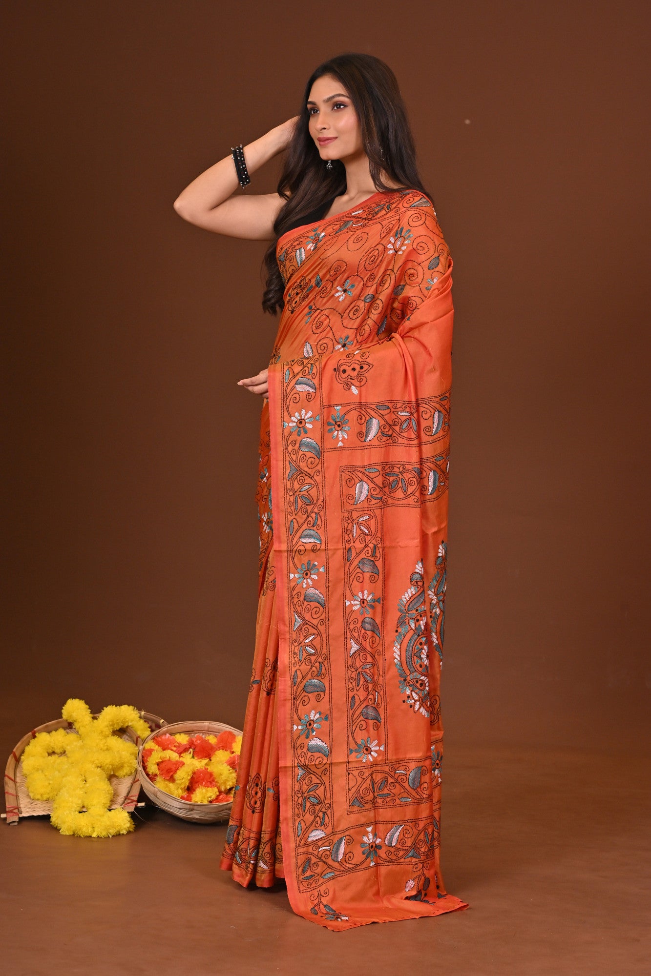Deepanjali Blended Silk Kantha Saree Rust Thumbnail
