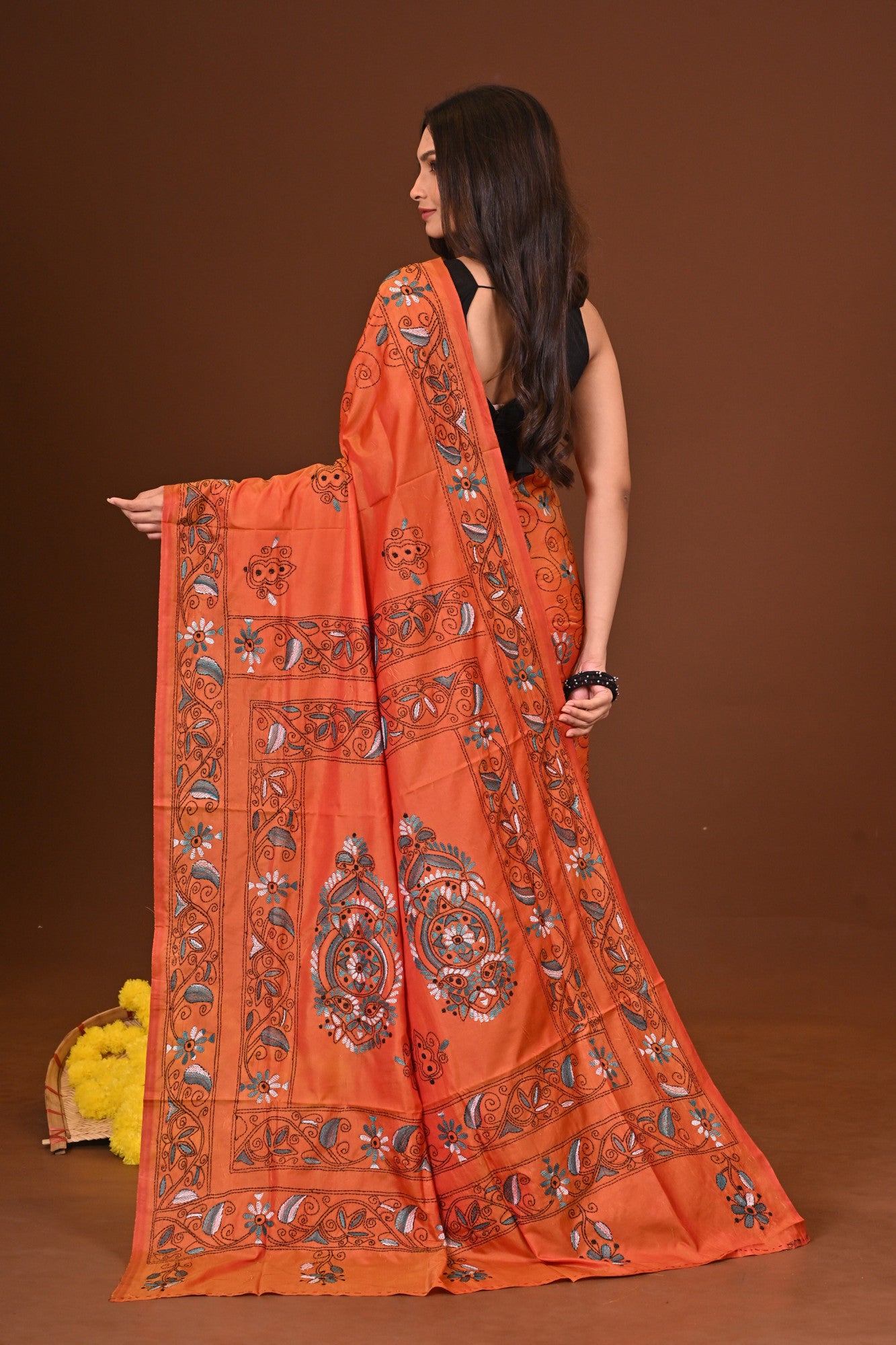 Deepanjali Blended Silk Kantha Saree Rust Thumbnail