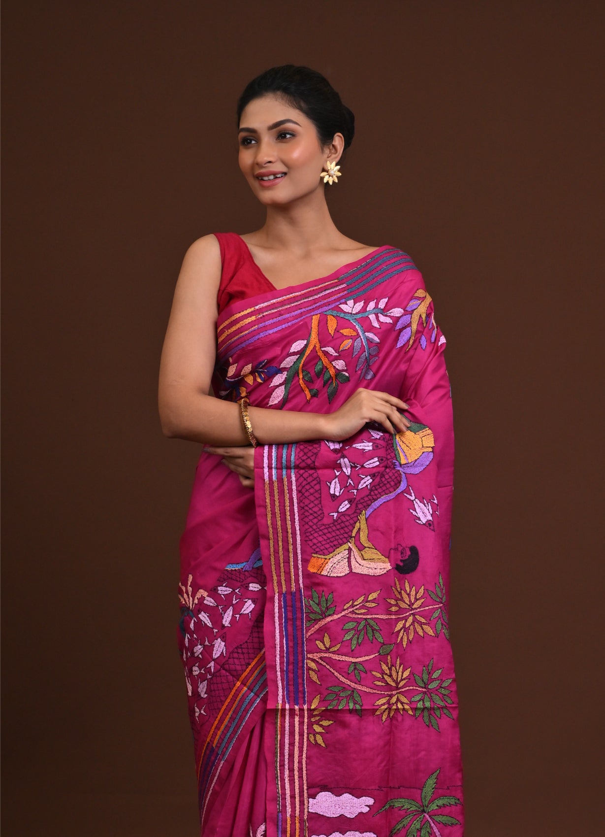 Pure Silk Kantha Stitch Saree