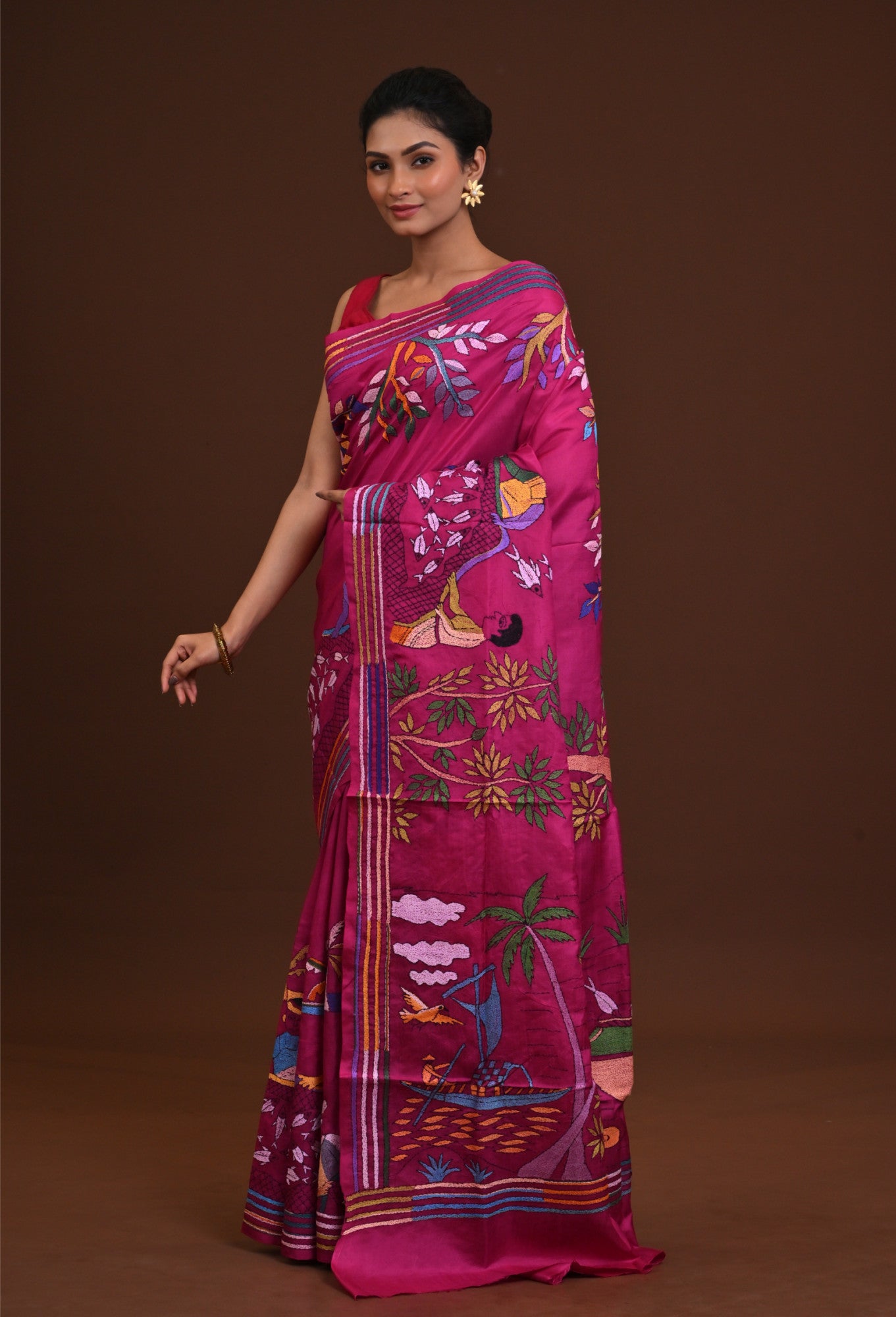 Pure Silk Kantha Stitch Saree