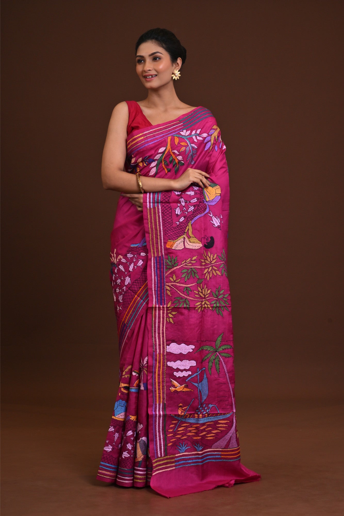Pure Silk Kantha Stitch Saree