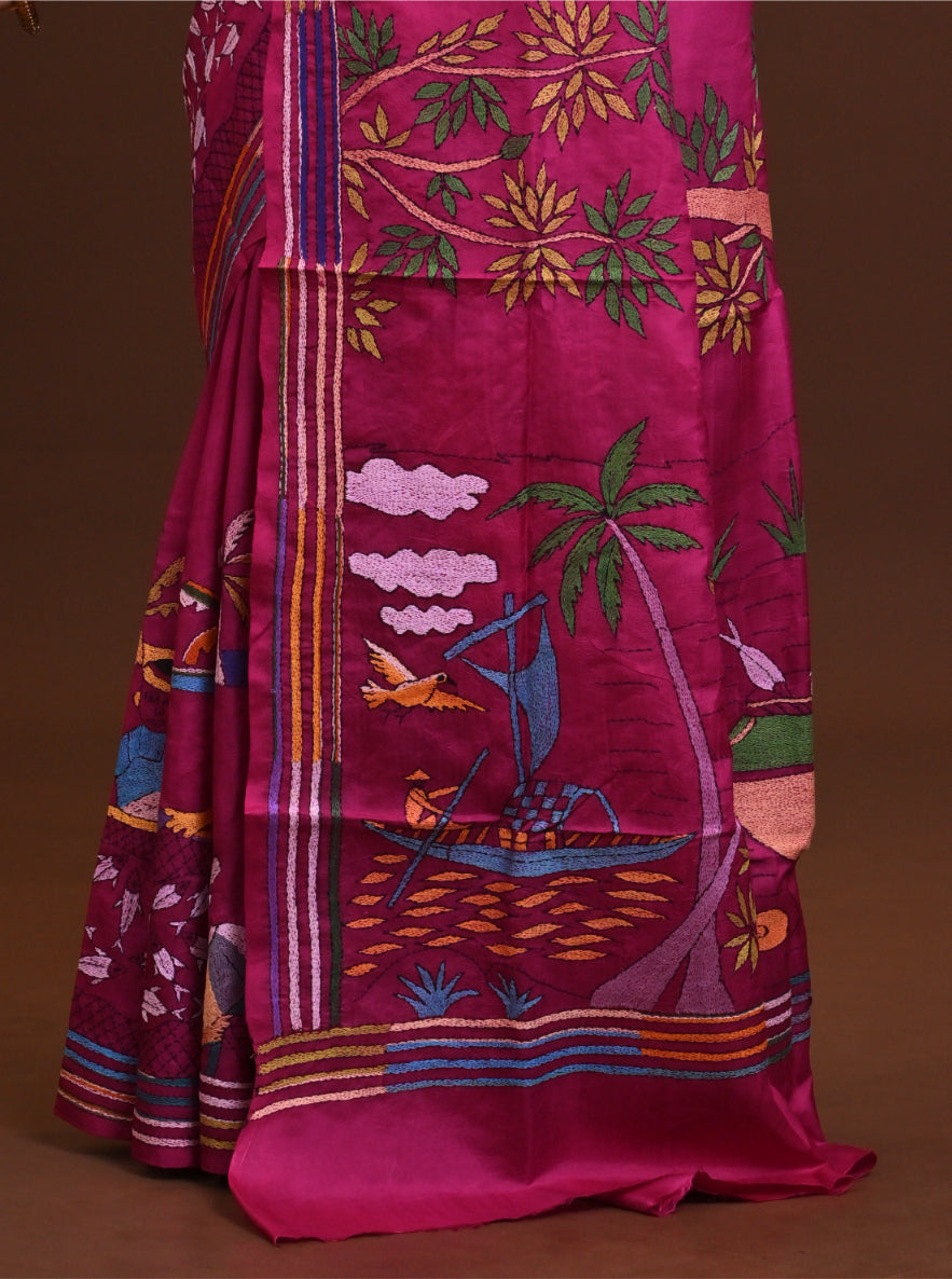 Pure Silk Kantha Stitch Saree