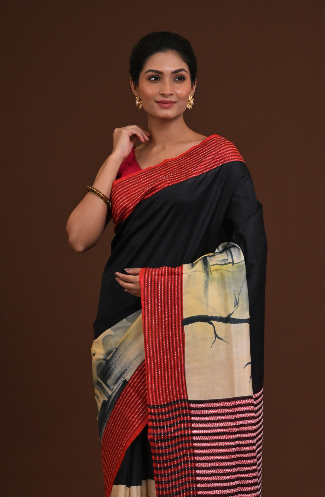 Jalchuri Pure Silk Katha Stitch Saree Black