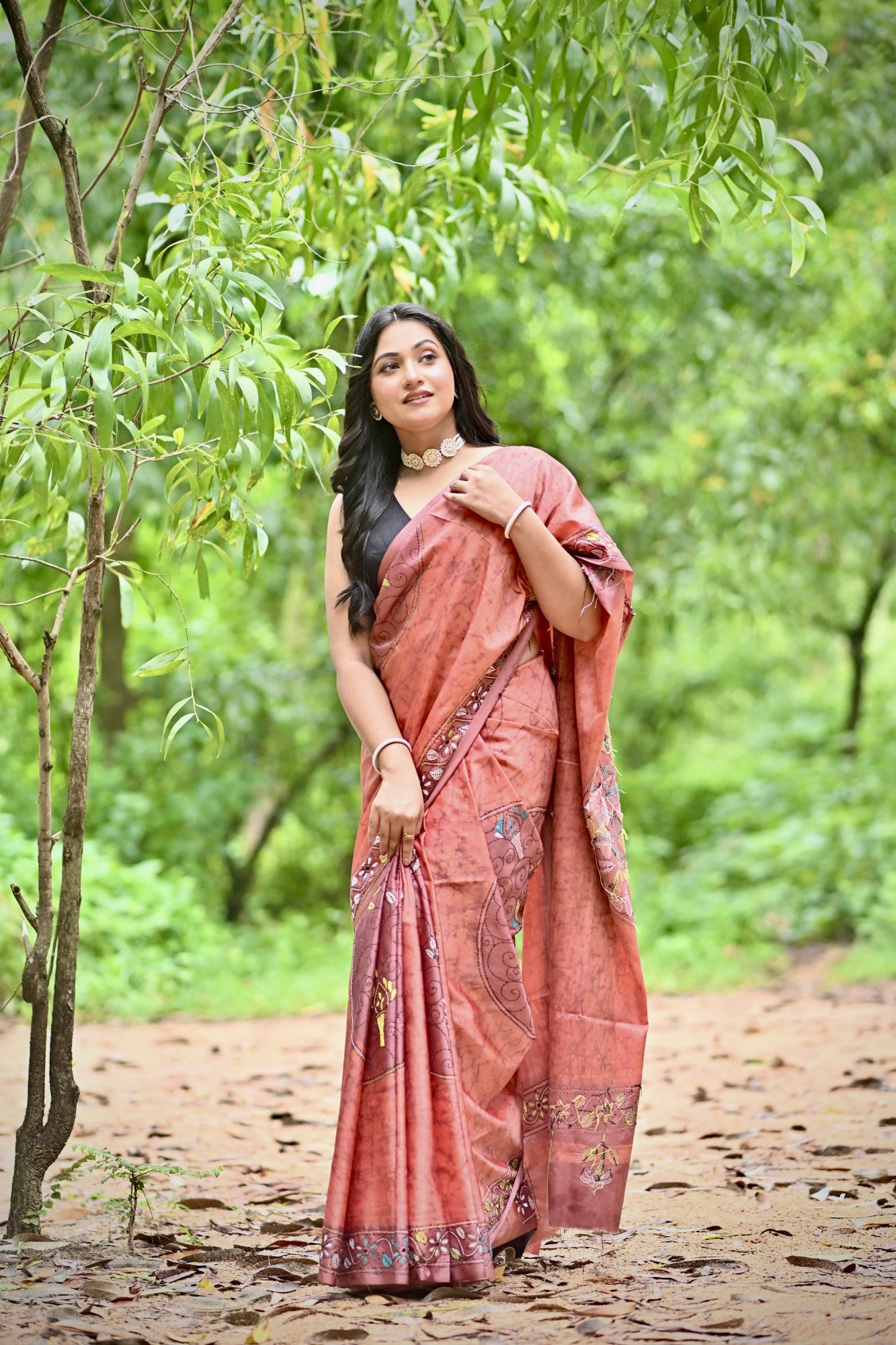 JAYA Blended Silk Kantha Stitch Saree Rust Thumbnail