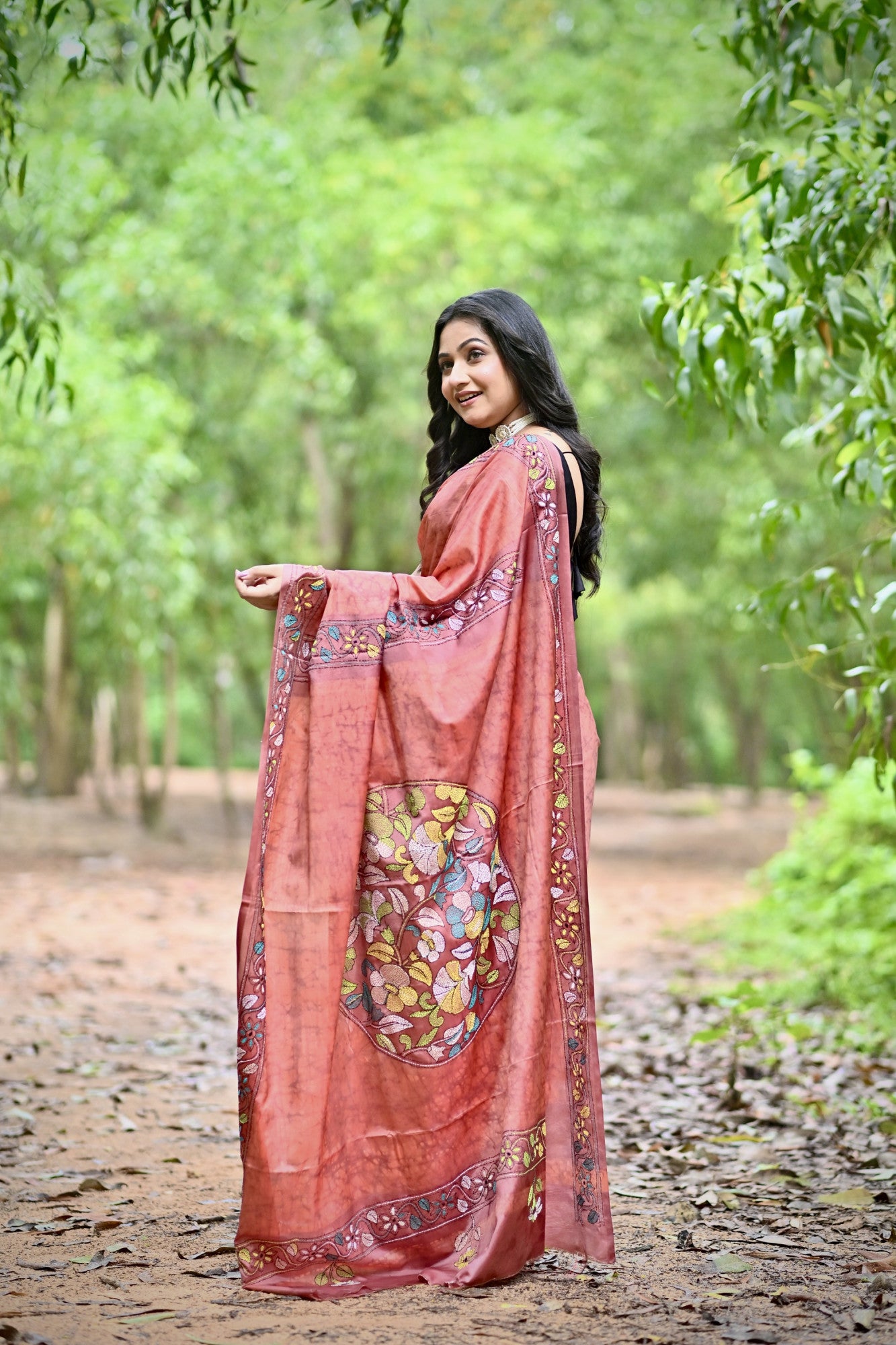 JAYA Blended Silk Kantha Stitch Saree Rust Thumbnail