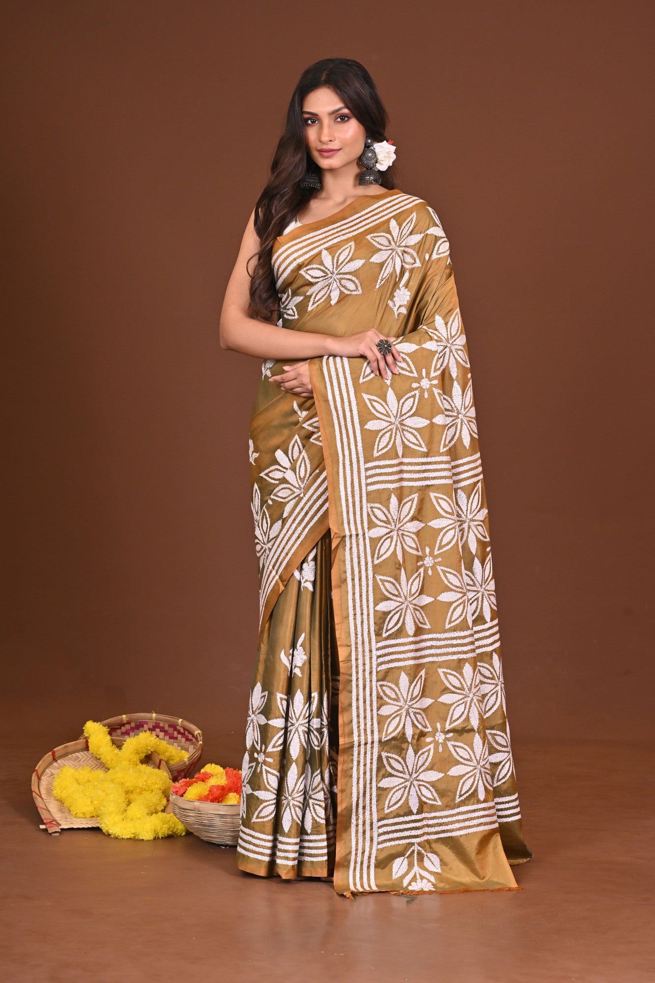 KAASHKUSUM Blended Silk Kantha Stitch Saree Mustard Yellow