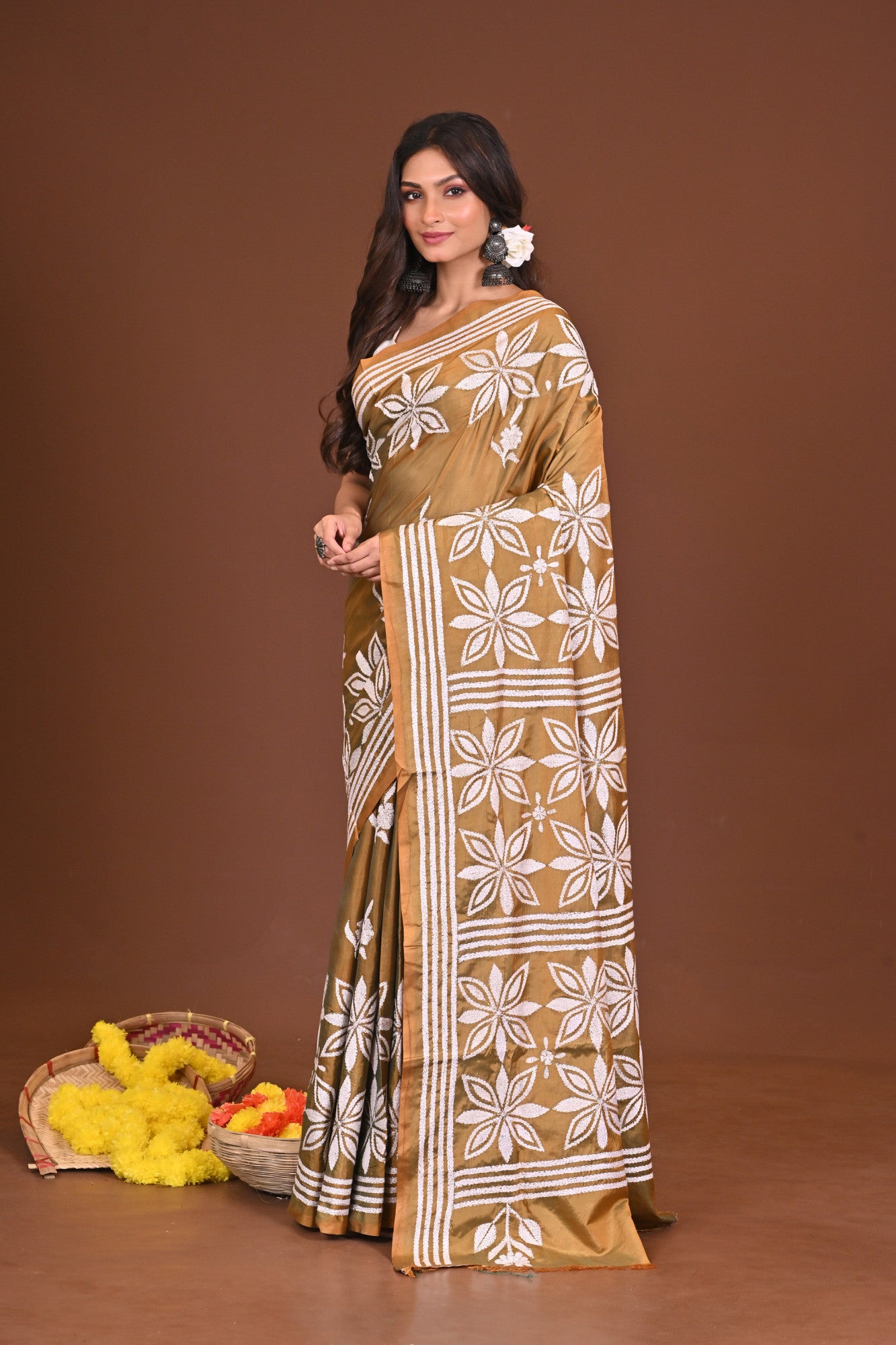 KAASHKUSUM Blended Silk Kantha Stitch Saree Mustard Yellow Thumbnail