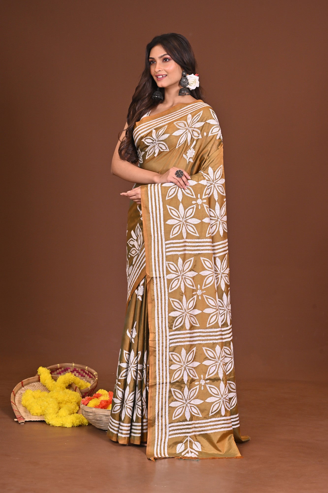 KAASHKUSUM Blended Silk Kantha Stitch Saree Mustard Yellow Thumbnail