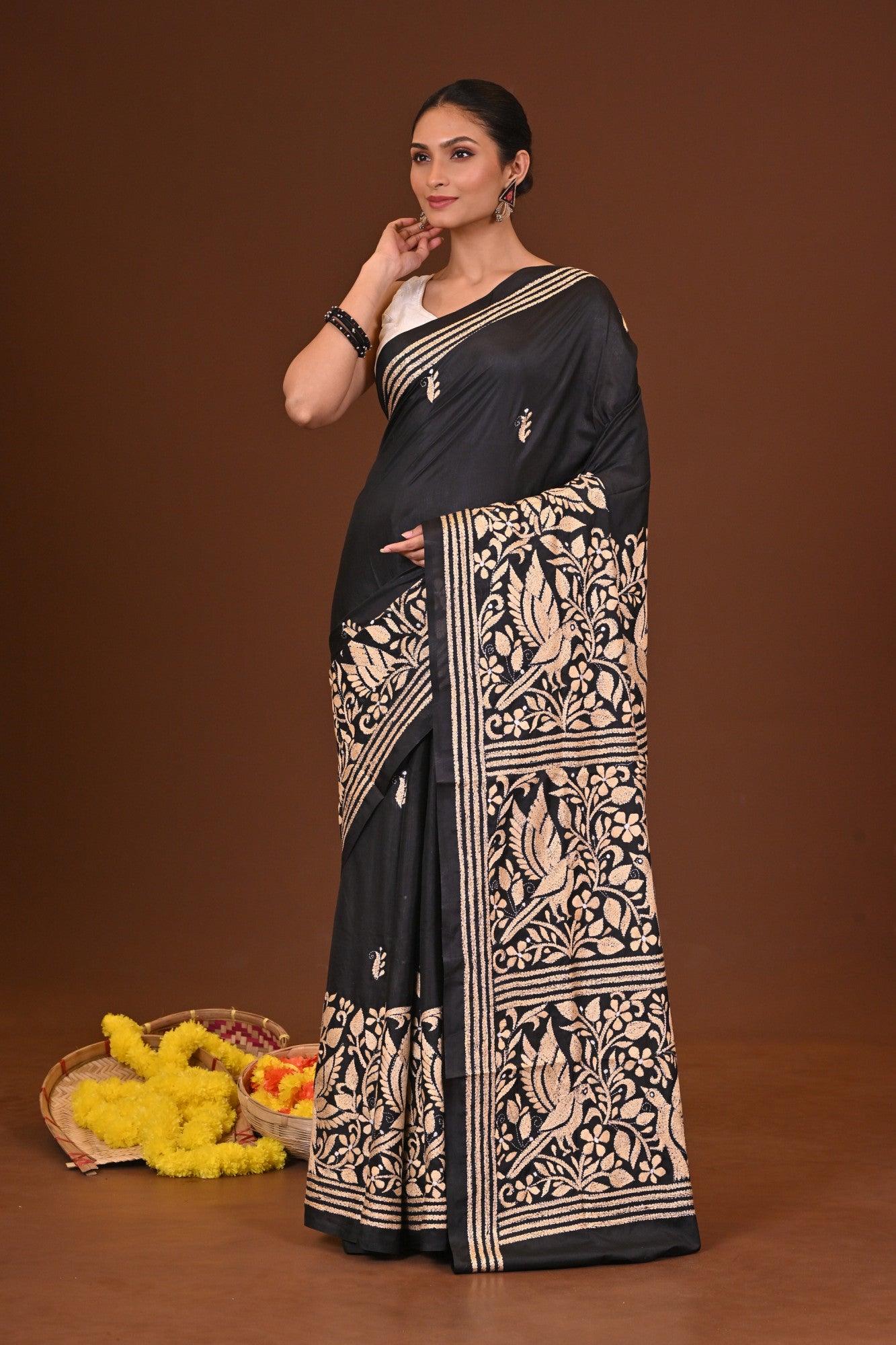 KALOKAJOL Blended Silk Kantha Stitch Saree Black Thumbnail