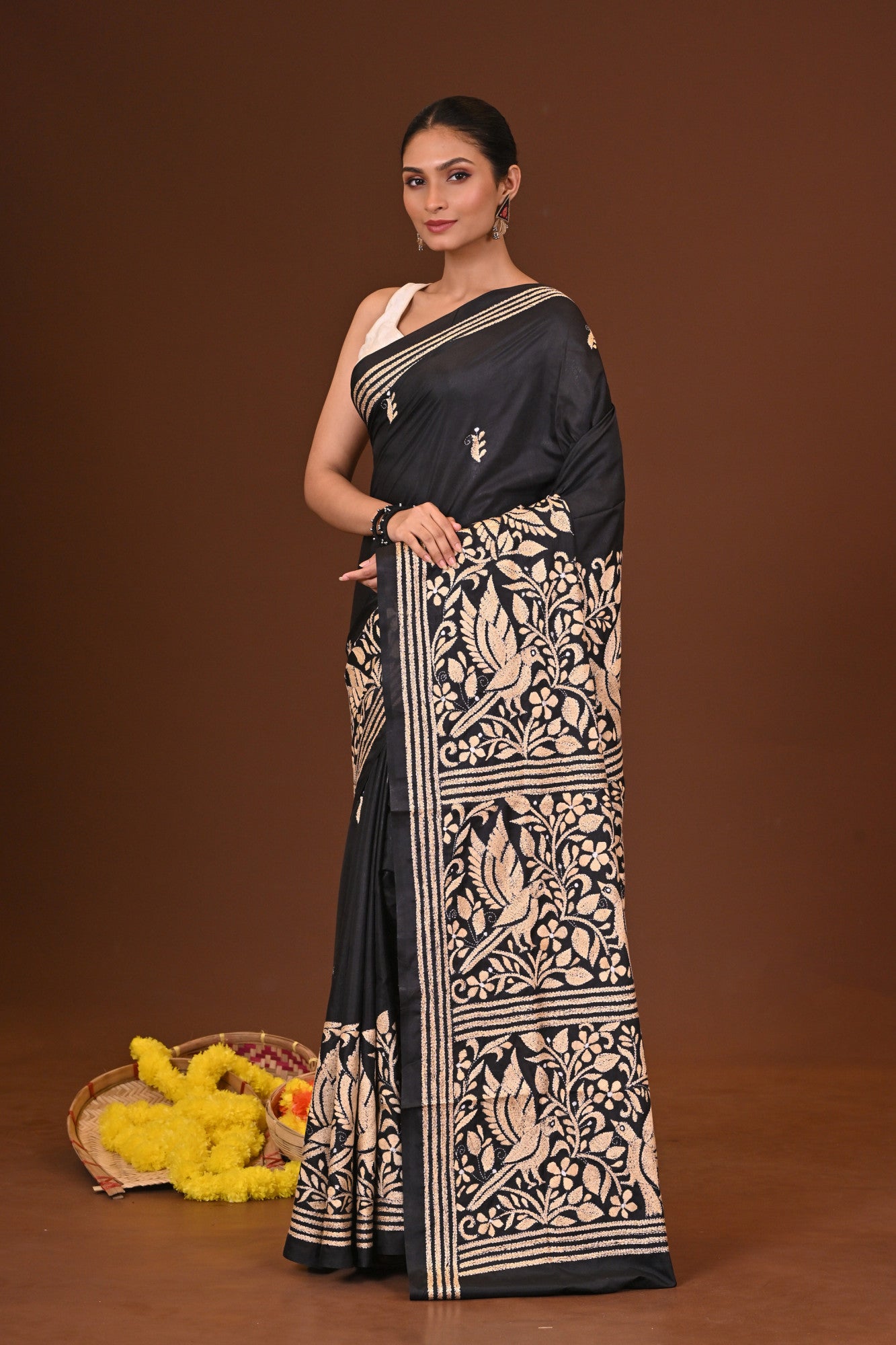 KALOKAJOL Blended Silk Kantha Stitch Saree Black Thumbnail