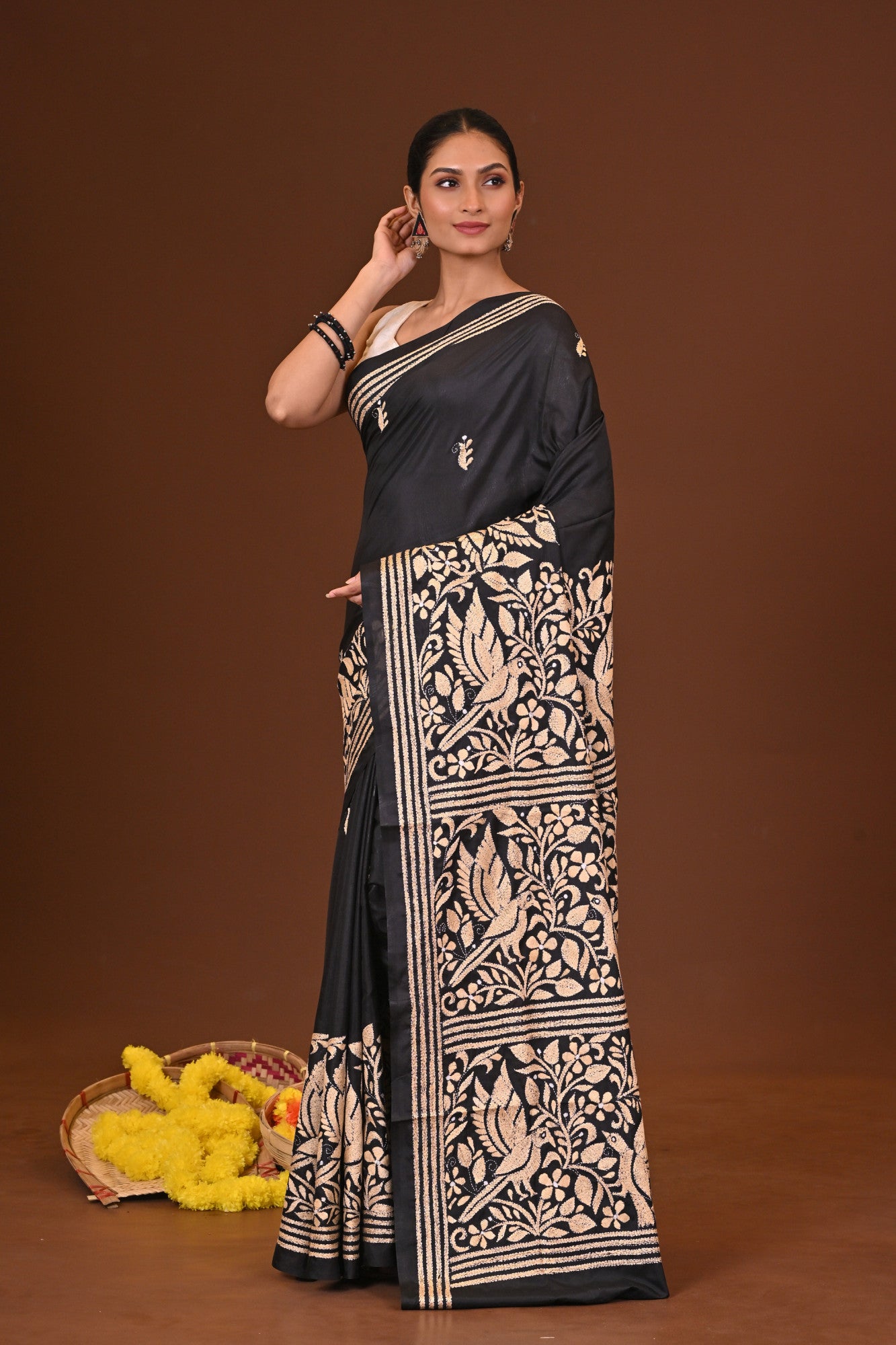KALOKAJOL Blended Silk Kantha Stitch Saree Black Thumbnail