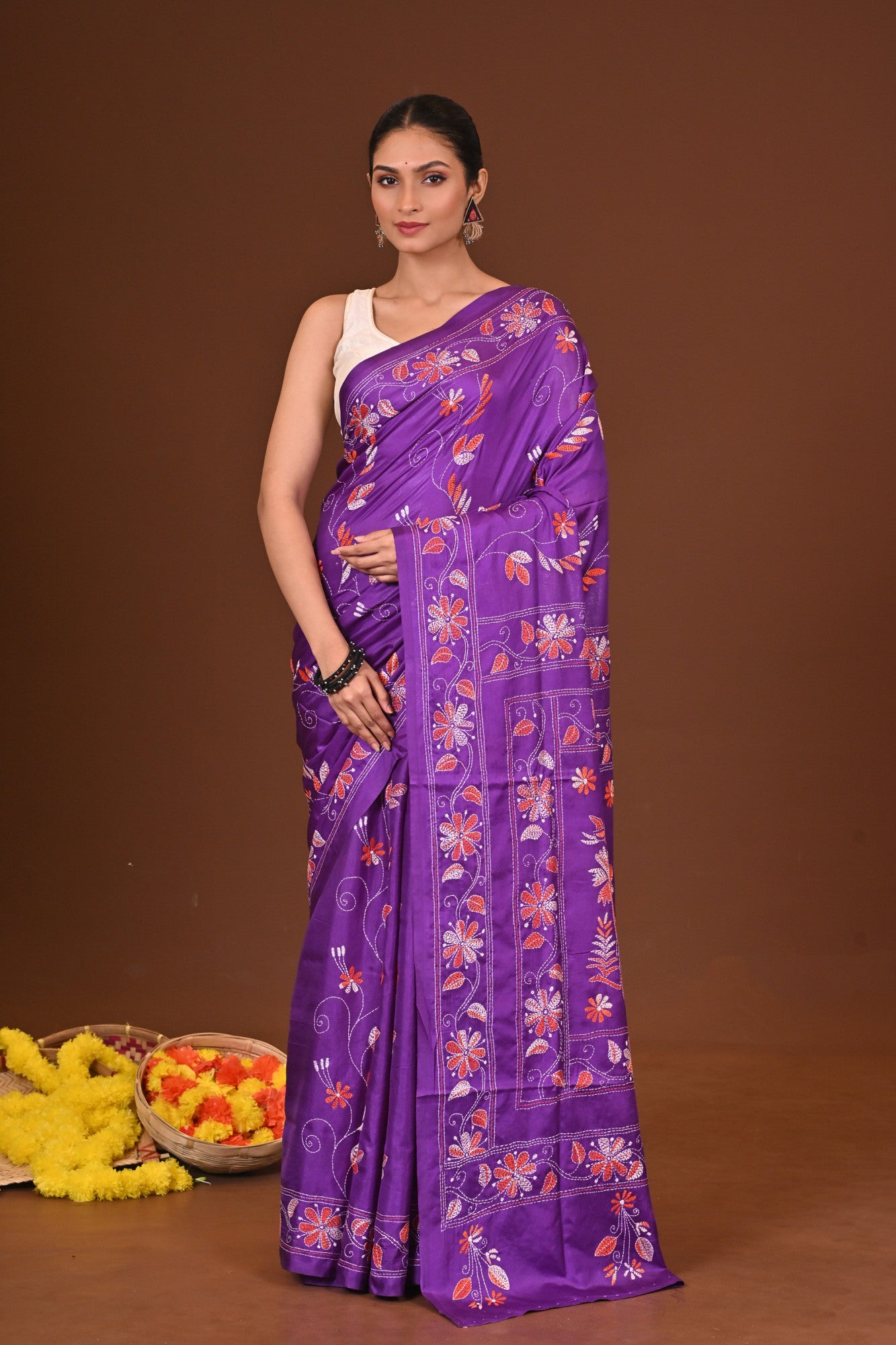 KALPANA Blended Silk Kantha Stitch Saree Purple Thumbnail