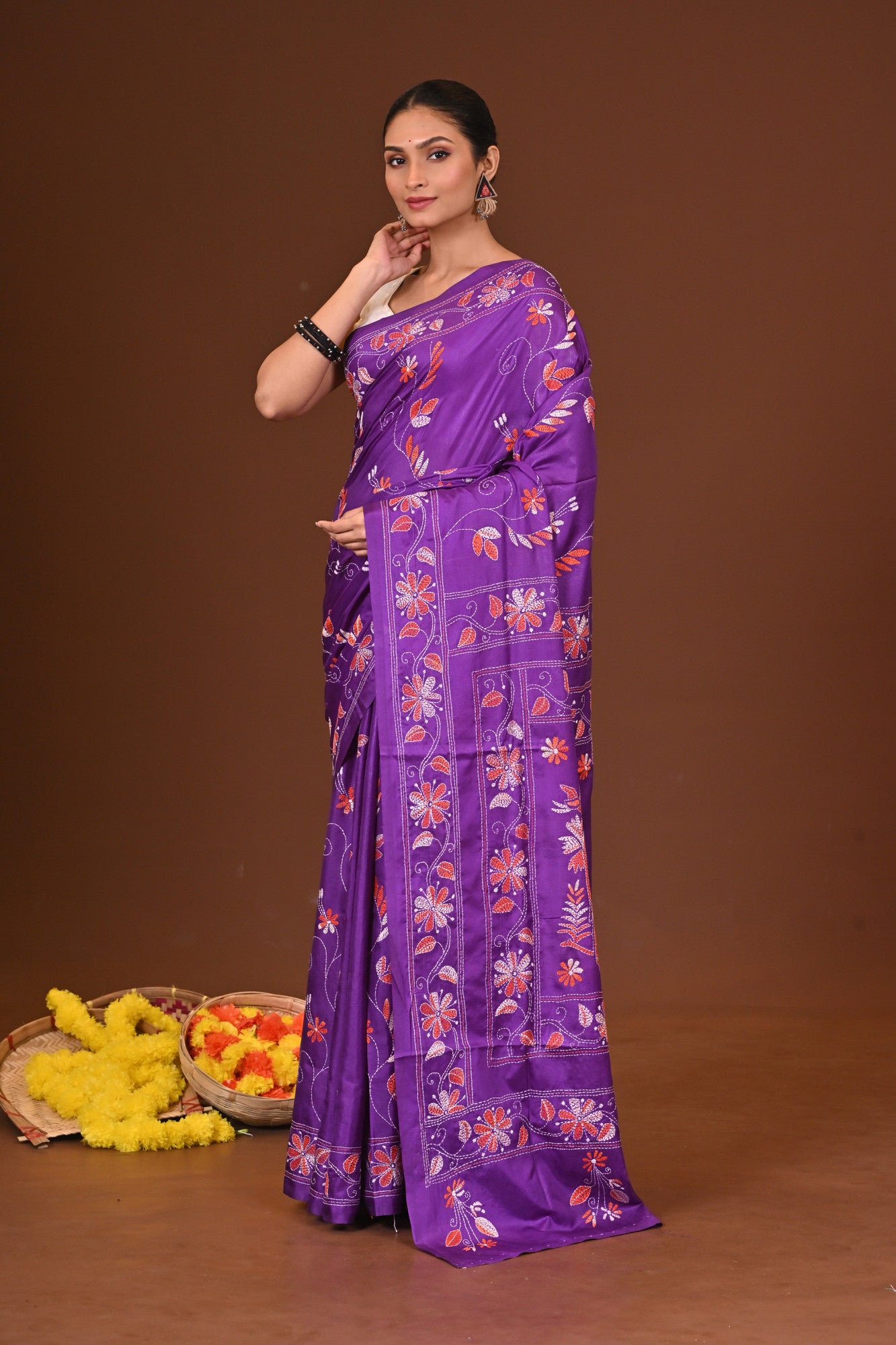 KALPANA Blended Silk Kantha Stitch Saree Purple Thumbnail