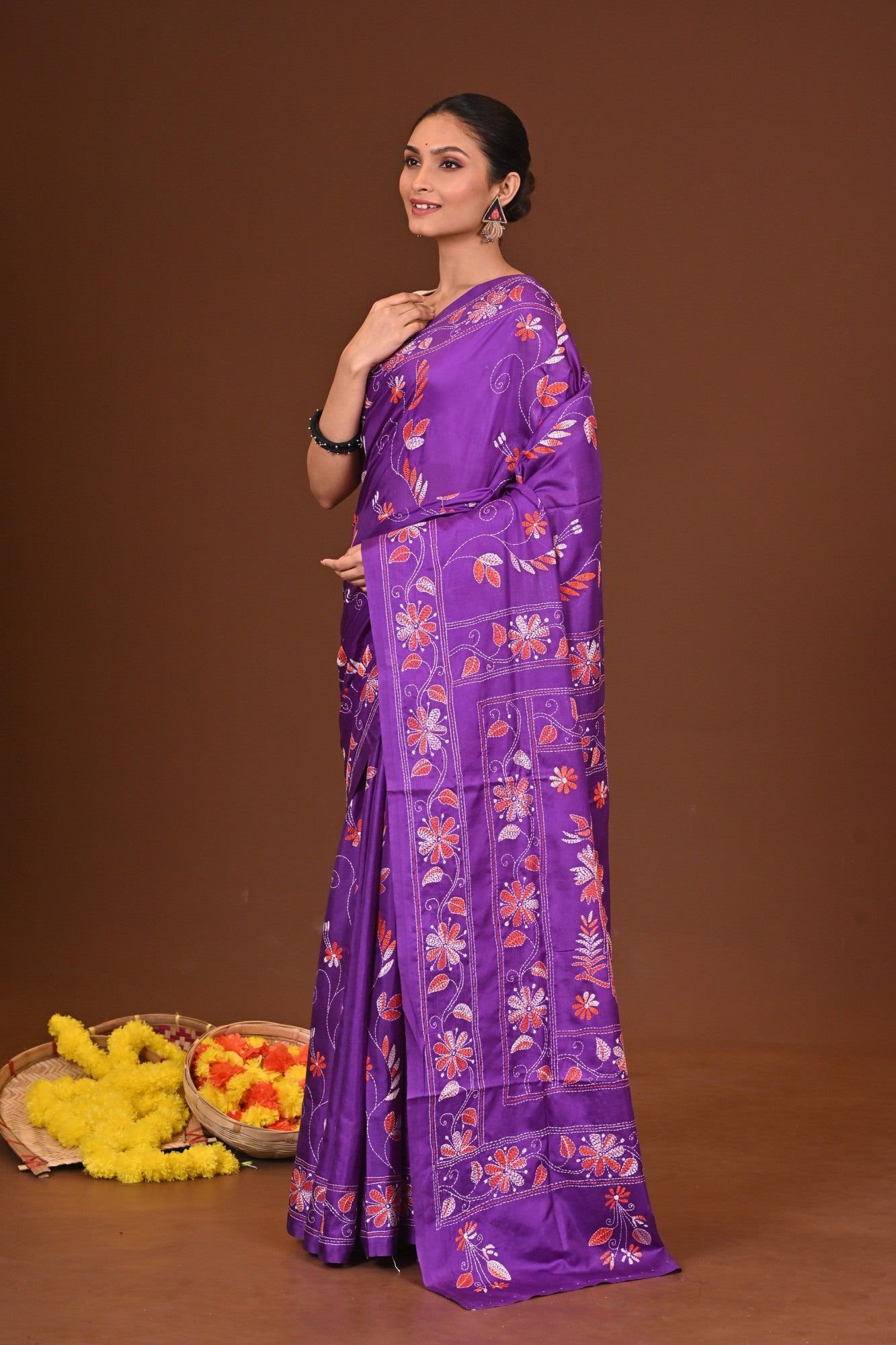 KALPANA Blended Silk Kantha Stitch Saree Purple Thumbnail