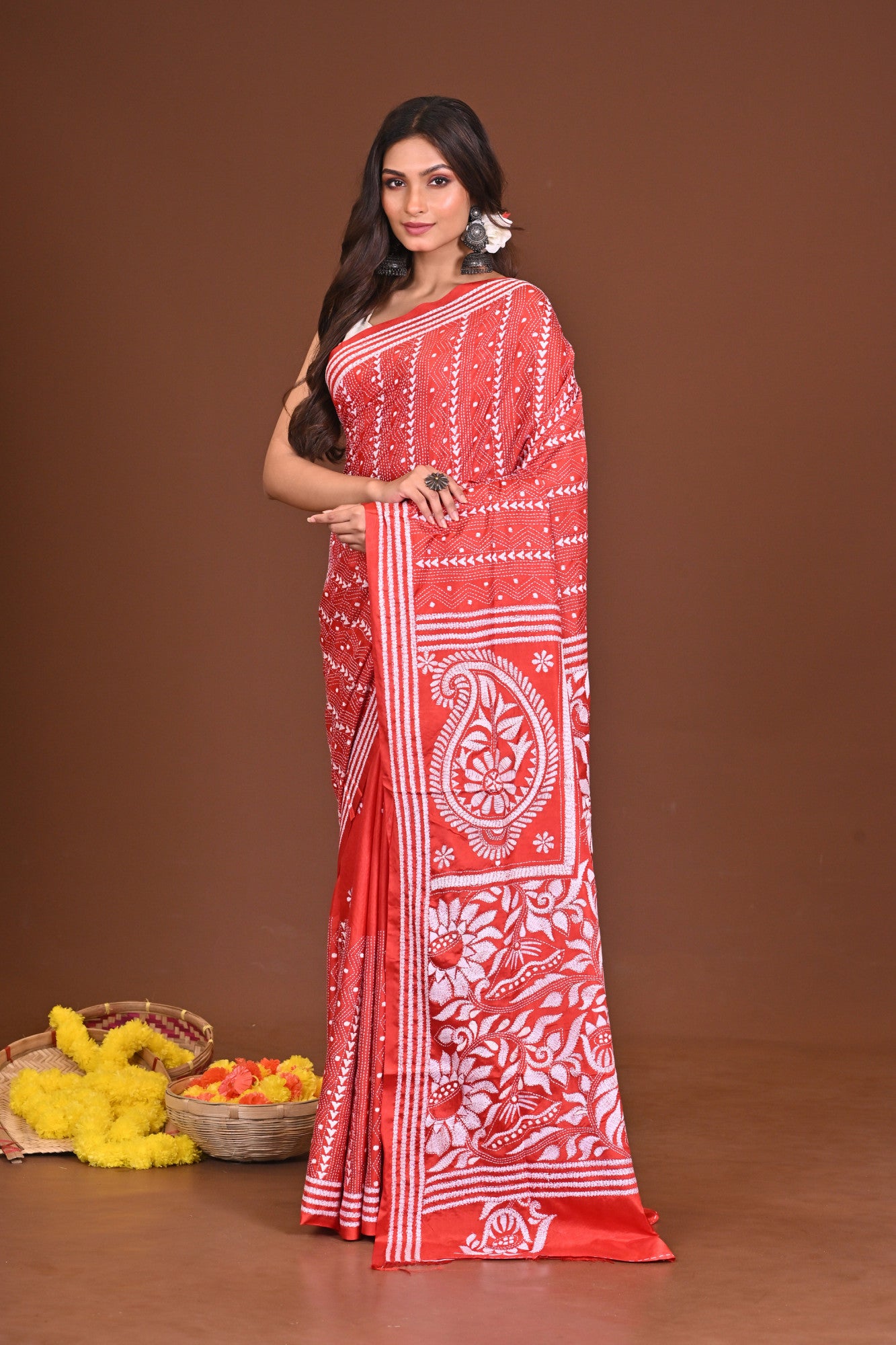 KAMAKHYA Blended Silk Kantha Stitch Saree Red Thumbnail
