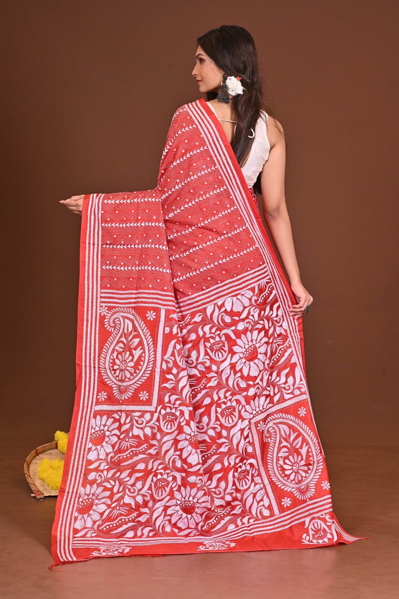 KAMAKHYA Blended Silk Kantha Stitch Saree Red Thumbnail