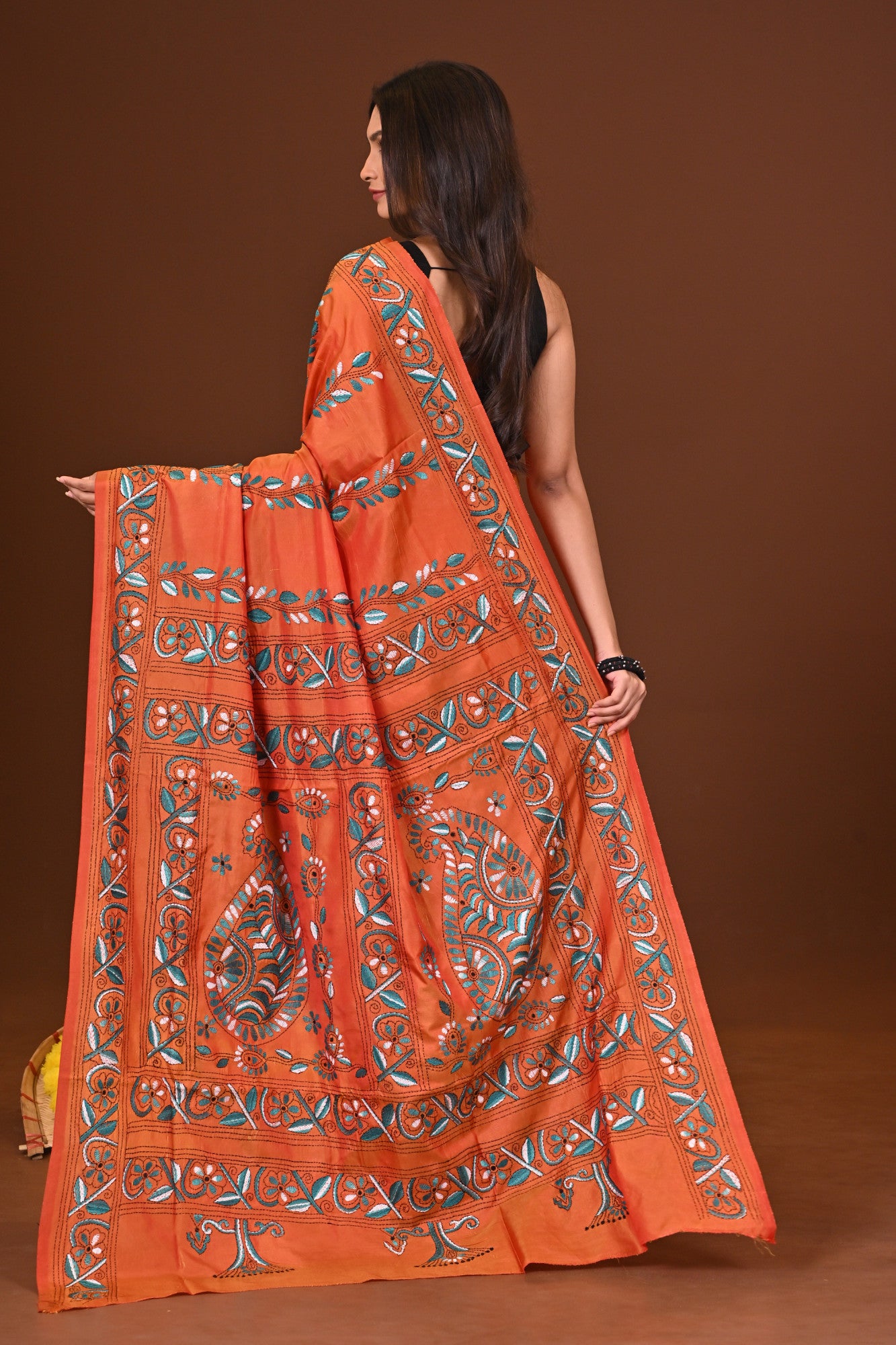 Kusumika Blended Silk Kantha Saree Rust Thumbnail