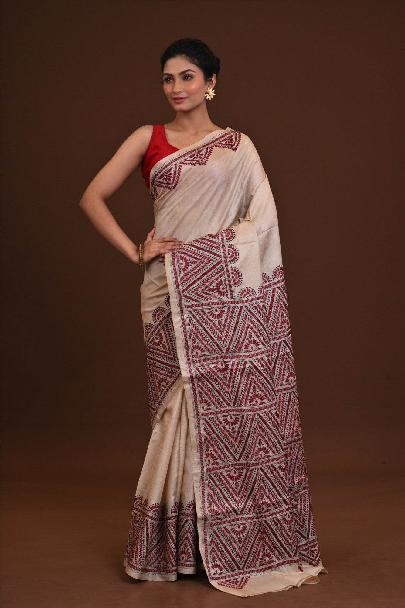 Pure Silk Kantha Stitch Saree
