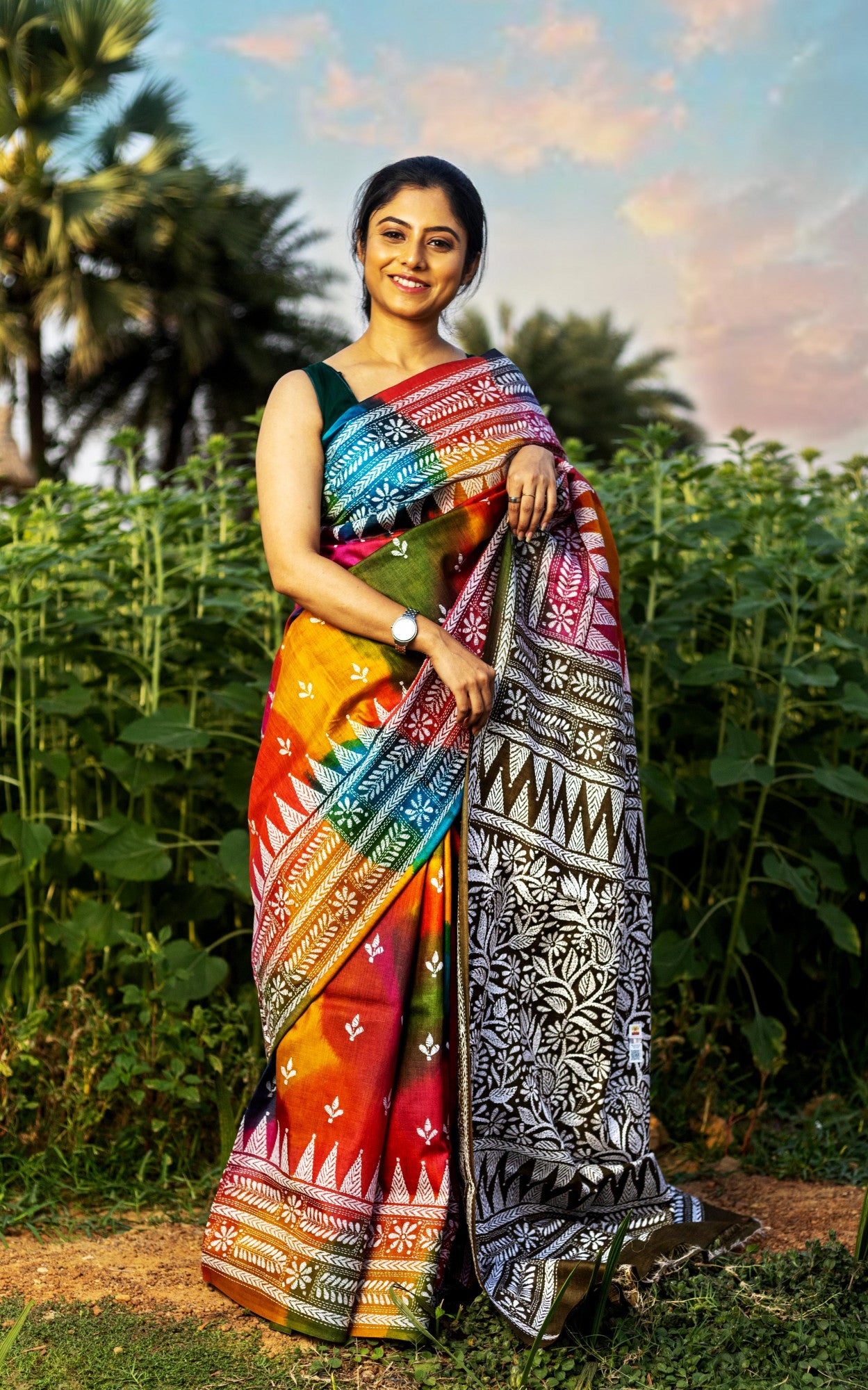 Pure Silk Kantha Saree Multicolor