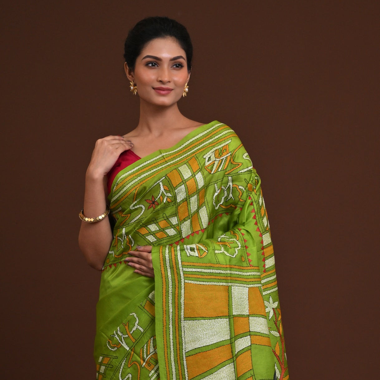Pure Silk Kantha Stitch Saree Green