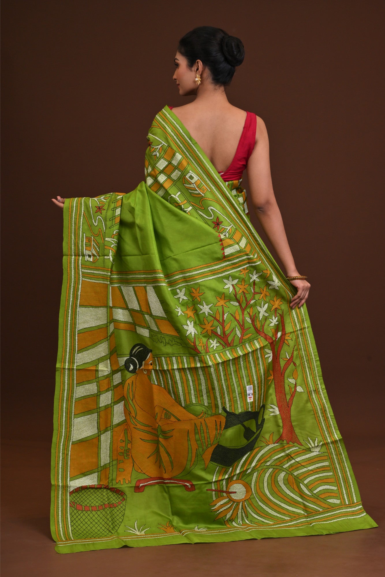Pure Silk Kantha Stitch Saree Green Thumbnail