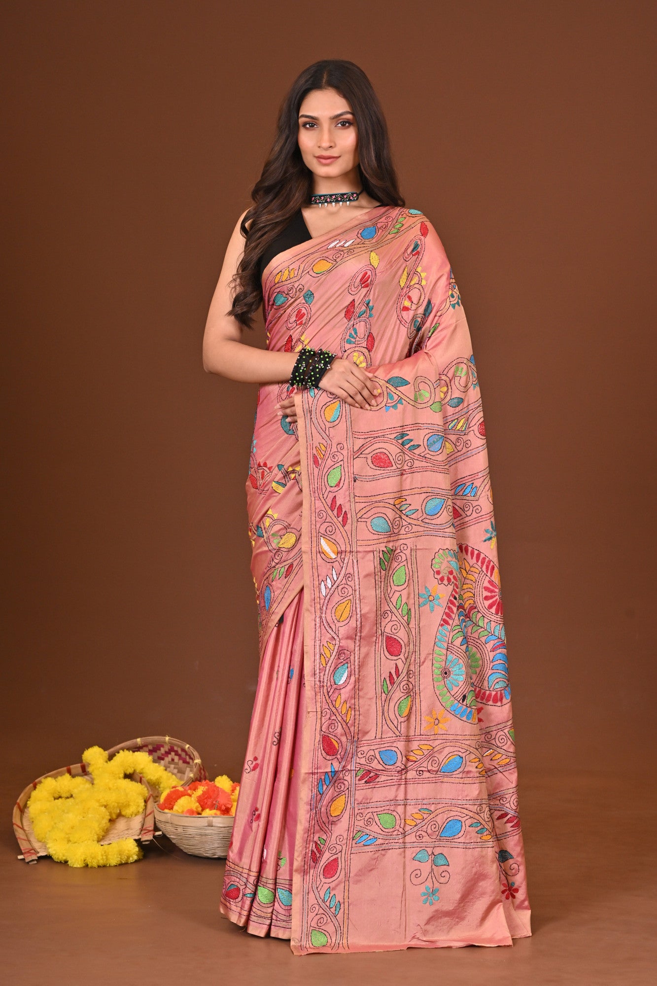 Rongmela Blended Silk Kantha Stitch Saree Pink