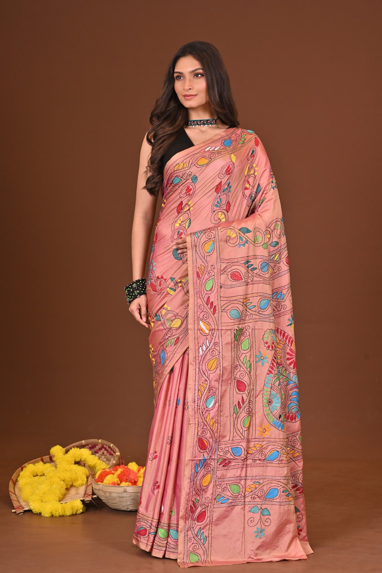 Rongmela Blended Silk Kantha Stitch Saree Pink Thumbnail