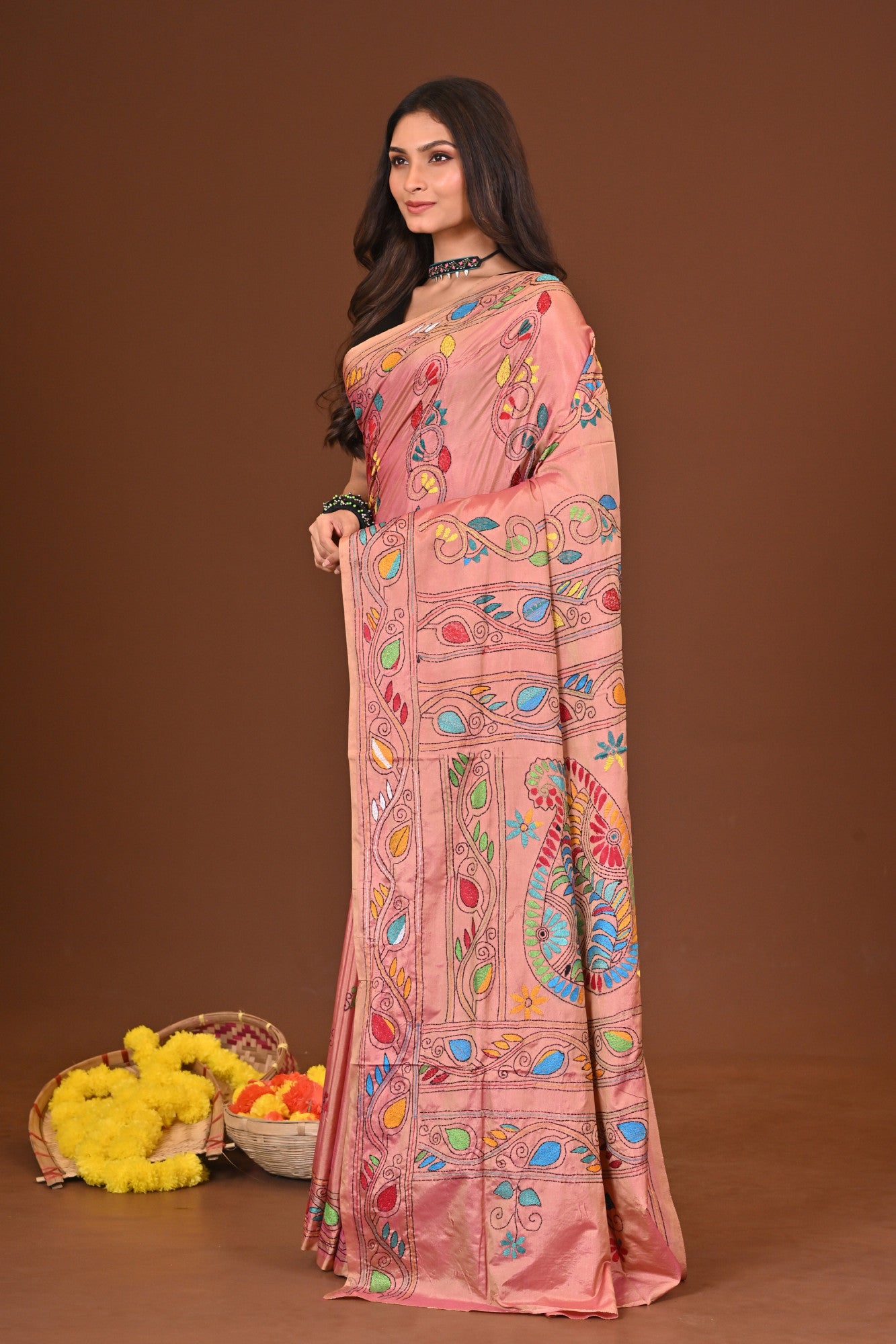 Rongmela Blended Silk Kantha Stitch Saree Pink Thumbnail