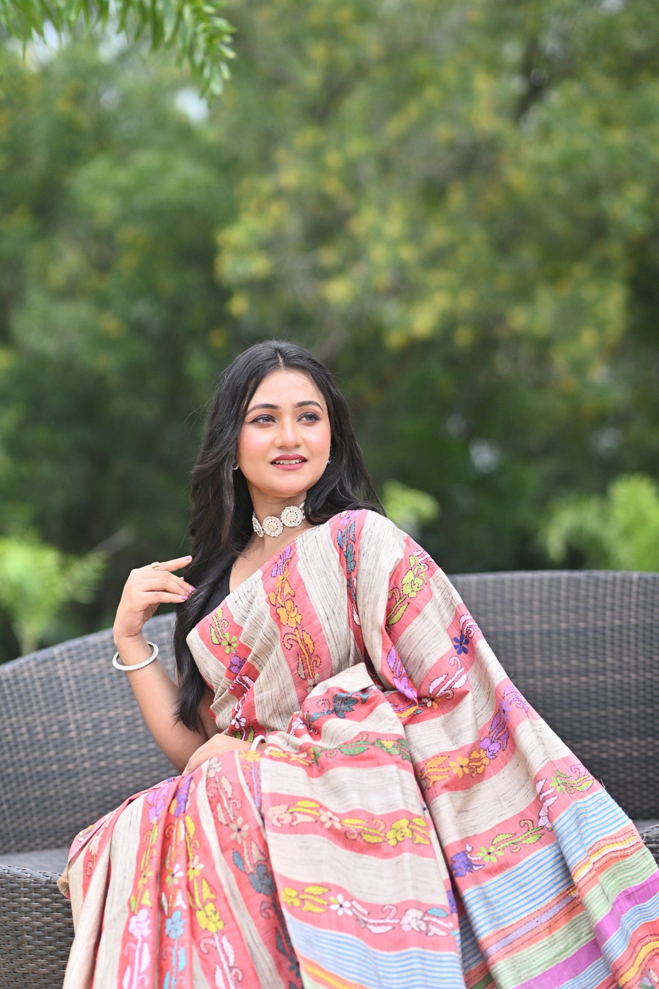 RUDRANI GHICHA STRIPE KANTHA SAREE