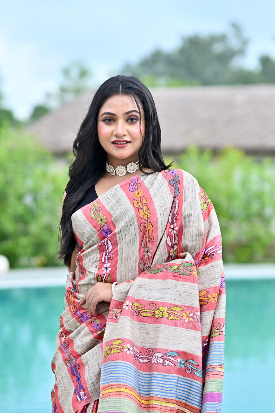 RUDRANI GHICHA STRIPE KANTHA SAREE Thumbnail