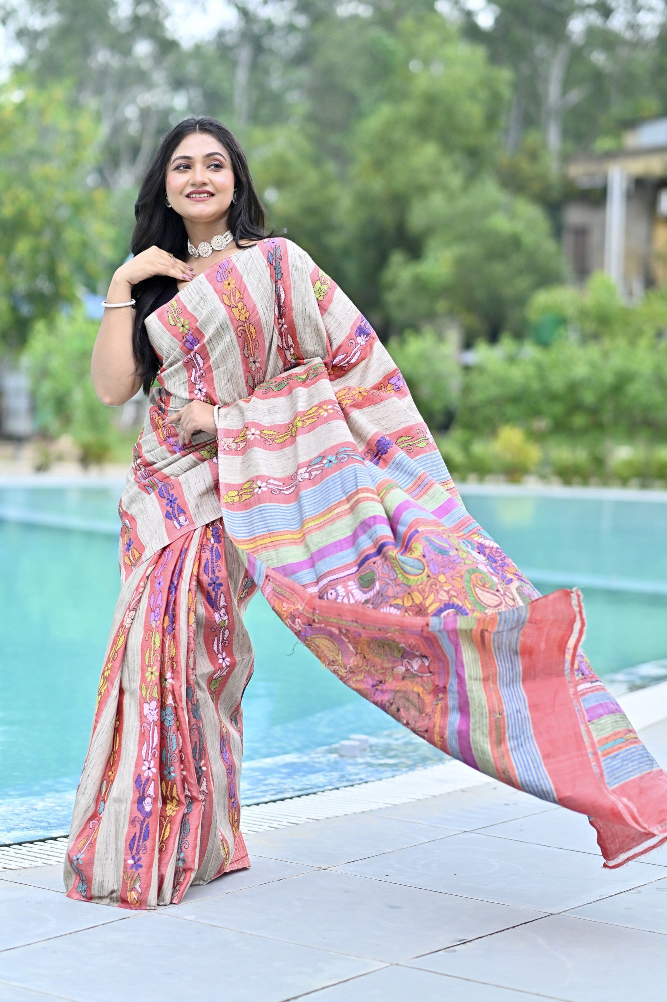 RUDRANI GHICHA STRIPE KANTHA SAREE Thumbnail