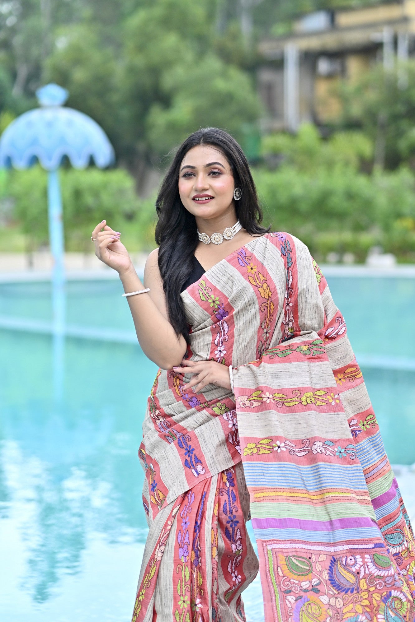 RUDRANI GHICHA STRIPE KANTHA SAREE Thumbnail