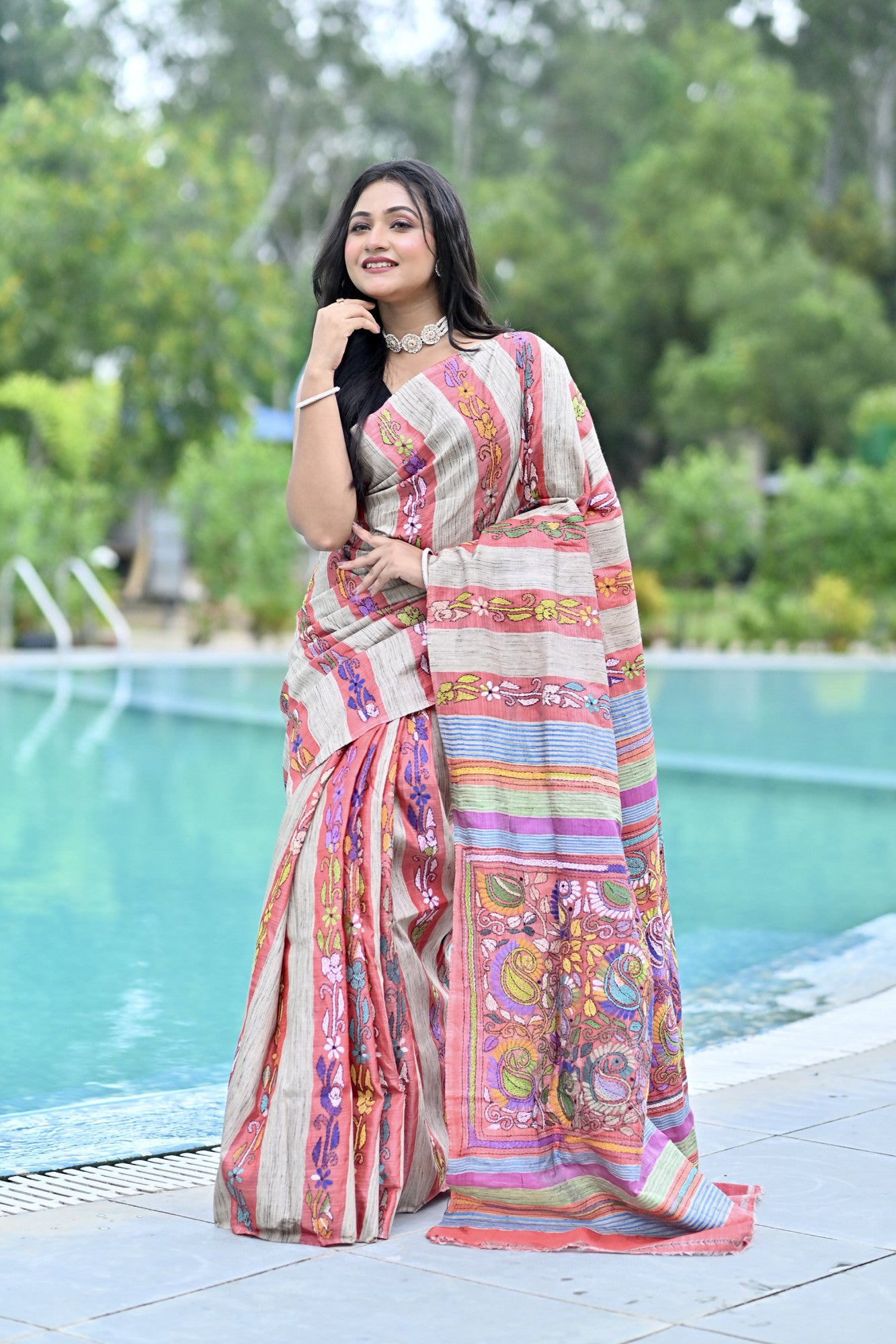 RUDRANI GHICHA STRIPE KANTHA SAREE Thumbnail
