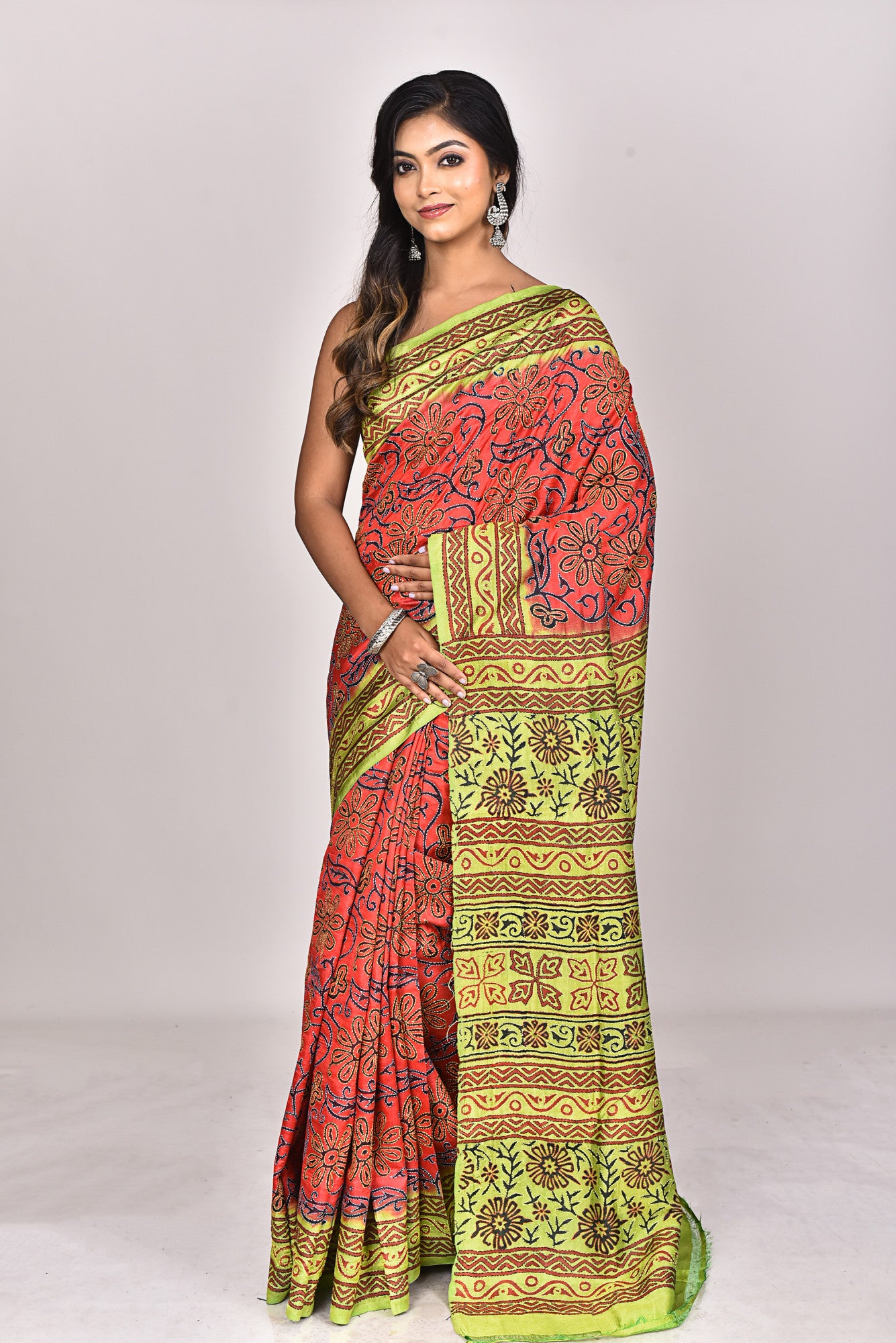 SILK BLOCK KANTHA SAREE