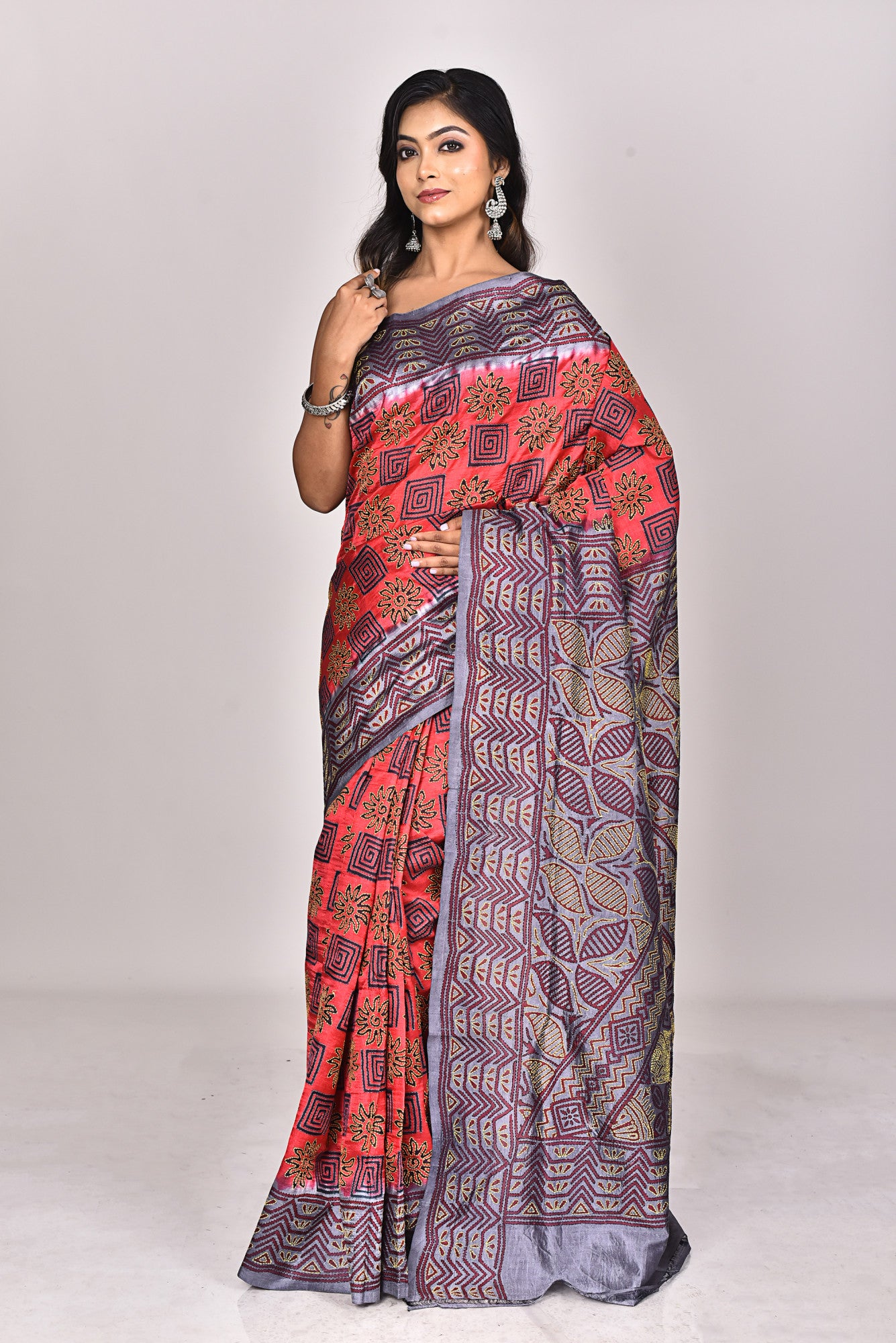 SILK KANTHA BLOCK SAREE Thumbnail