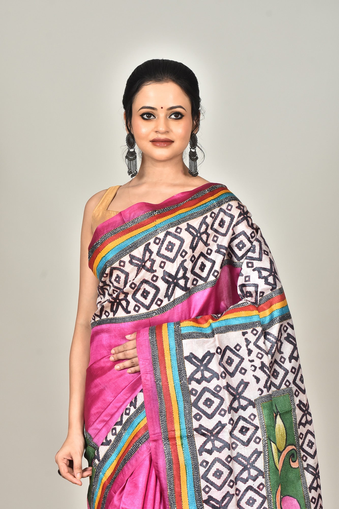 TUSSAR BLOCK HANDPRINT KANTHA SAREE Thumbnail