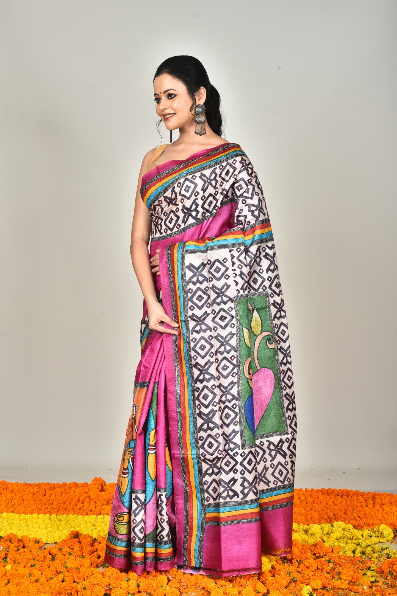 TUSSAR BLOCK HANDPRINT KANTHA SAREE Thumbnail