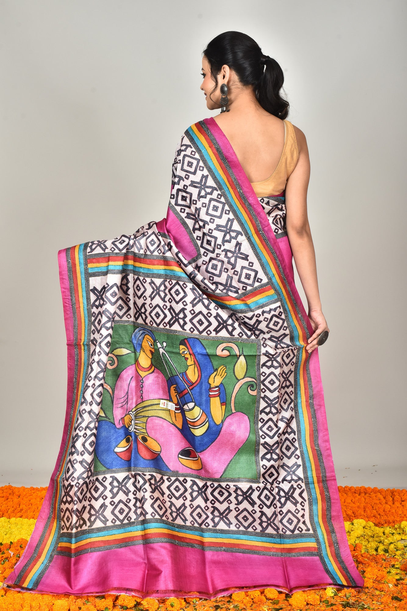 TUSSAR BLOCK HANDPRINT KANTHA SAREE Thumbnail
