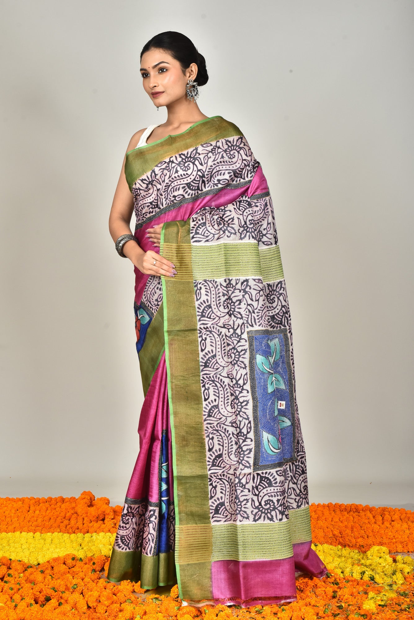TUSSAR BLOCK HANDPRINT KANTHA SAREE Thumbnail